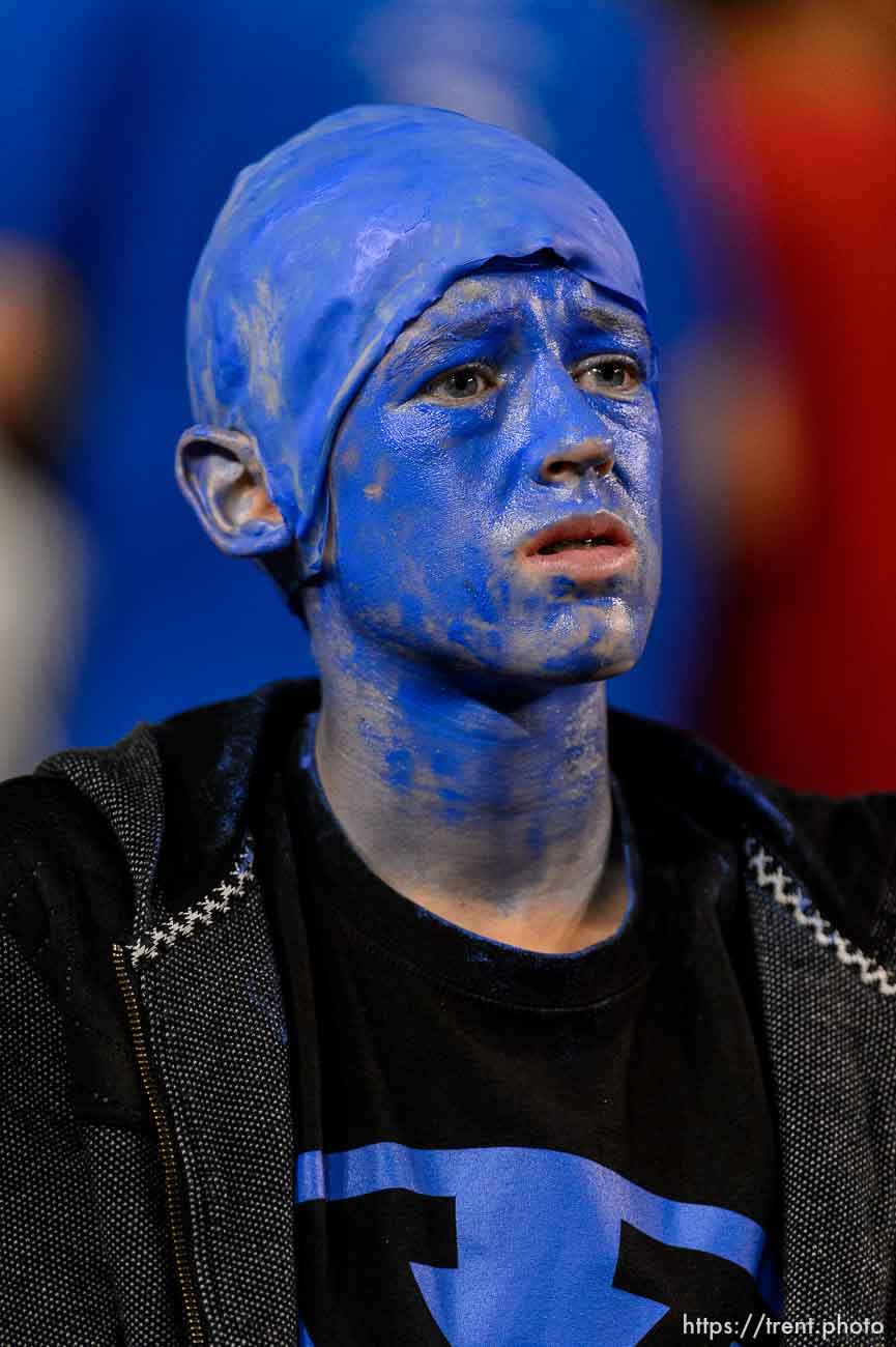 (Trent Nelson | The Salt Lake Tribune)  A BYU fan looks on in the final minutes as BYU hosts Utah, NCAA football in Provo, Saturday September 9, 2017.