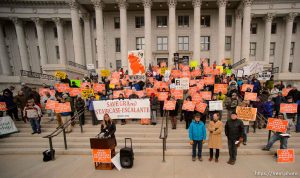 (Trent Nelson | The Salt Lake Tribune)  Ashley Soltysiak, Director of the Utah Sierra Club, speaks out against Rep. Chris Stewart's Grand Staircase bill that would create an Escalante National Park during a rally on the steps of the State Capitol Building in Salt Lake City, Tuesday December 12, 2017.