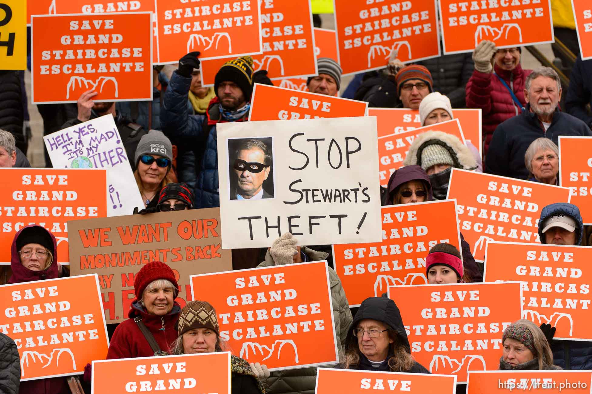 (Trent Nelson | The Salt Lake Tribune)  Citizens with signs at a rally on the steps of the State Capitol Building in Salt Lake City against Rep. Chris Stewart's Grand Staircase bill that would create an Escalante National Park. Tuesday December 12, 2017.