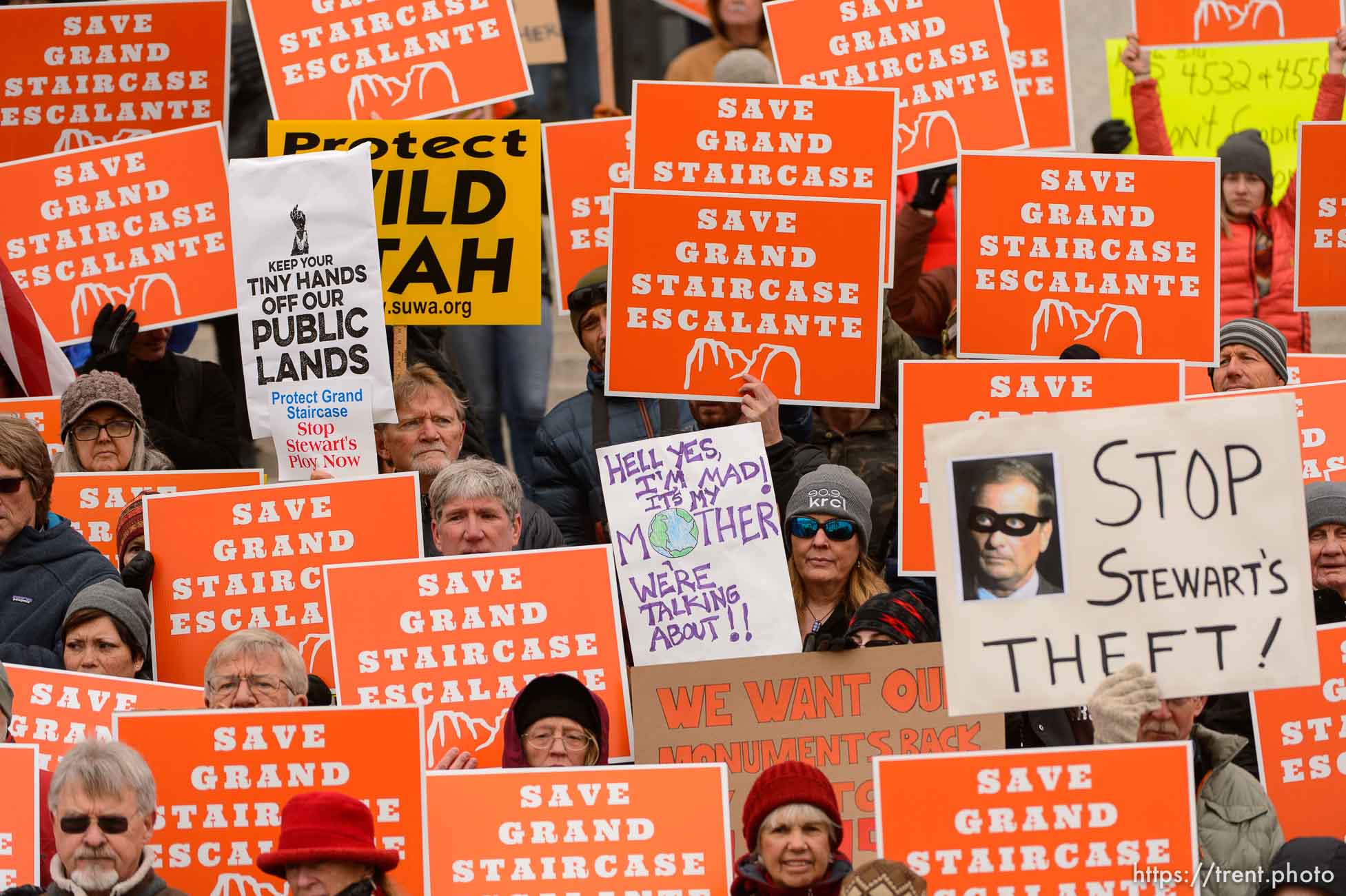 (Trent Nelson | The Salt Lake Tribune)  Citizens with signs at a rally on the steps of the State Capitol Building in Salt Lake City against Rep. Chris Stewart's Grand Staircase bill that would create an Escalante National Park. Tuesday December 12, 2017.