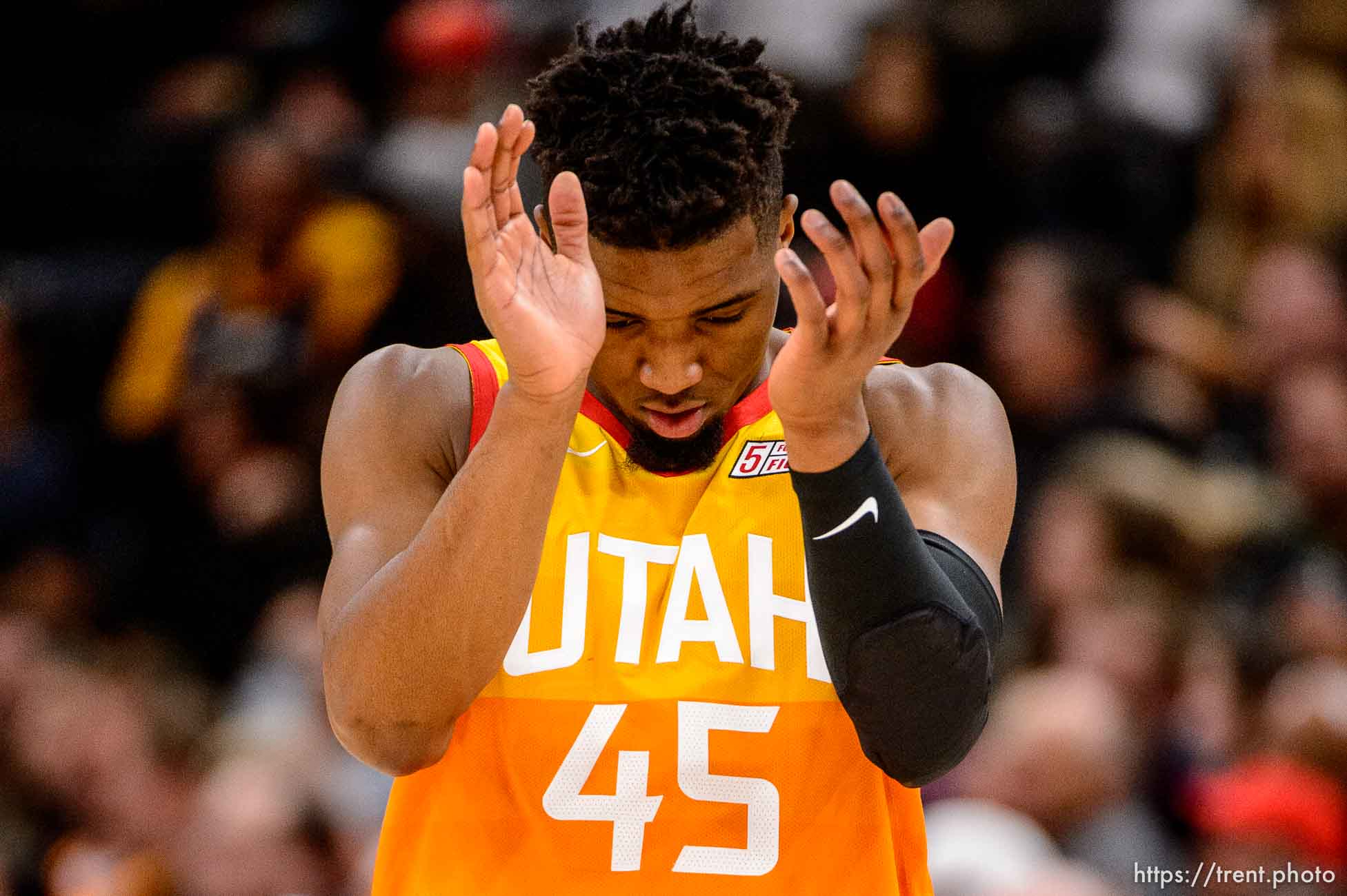 (Trent Nelson | The Salt Lake Tribune)  
Utah Jazz guard Donovan Mitchell (45). Utah Jazz vs. Boston Celtics, NBA basketball in Salt Lake City on Friday Nov. 9, 2018.