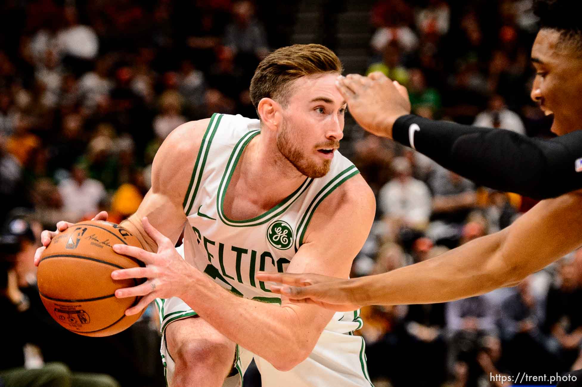 (Trent Nelson | The Salt Lake Tribune)  
Boston Celtics forward Gordon Hayward (20) defended by Utah Jazz guard Donovan Mitchell (45). Utah Jazz vs. Boston Celtics, NBA basketball in Salt Lake City on Friday Nov. 9, 2018.