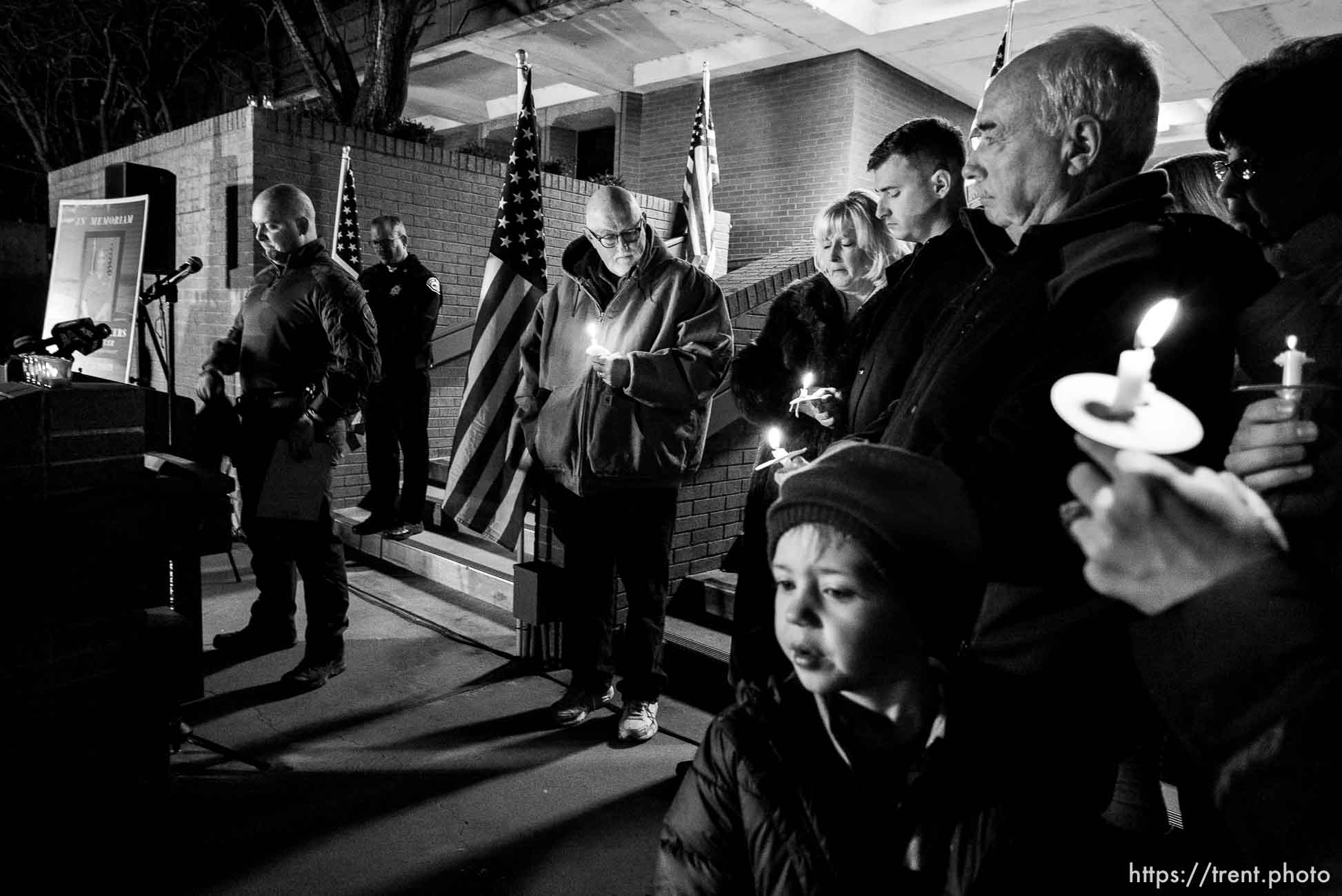 (Trent Nelson | The Salt Lake Tribune)
Family members listen to Officer Alex Felsing speak at a candlelight vigil in Provo on Wednesday Jan. 9, 2019 for Officer Joseph Shinners, killed Sunday morning while trying to arrest a fugitive.