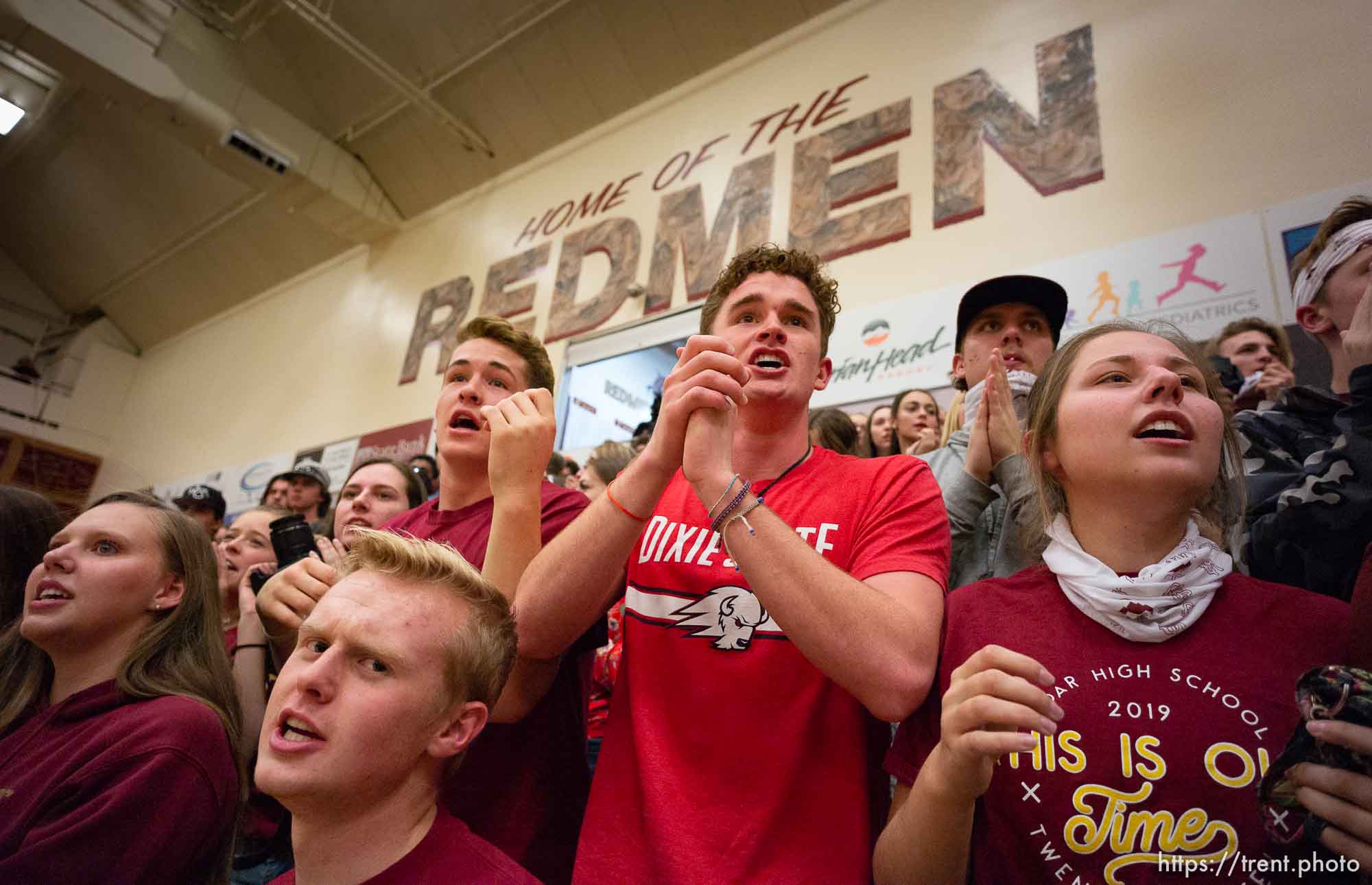 (Trent Nelson | The Salt Lake Tribune)  
Cedar High School is considering a change in the name of its mascot, The Redmen, Friday Jan. 11, 2019. Students in the gym cheer on their team during a close basketball game against Canyon View.