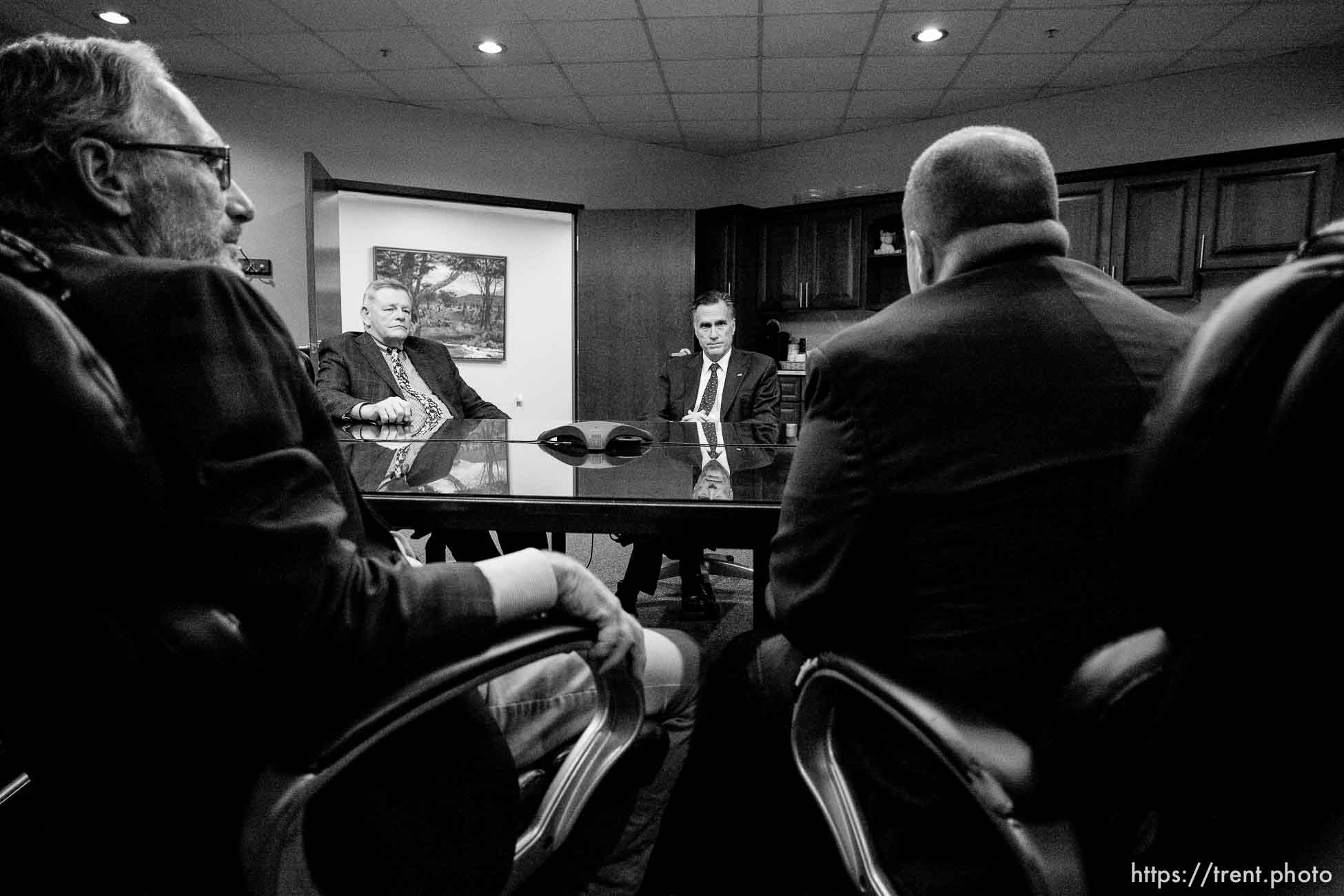 (Trent Nelson | The Salt Lake Tribune)
Senator Mitt Romney meets with Weber County Comissioners in Ogden to discuss the ongoing government shutdown on Friday Jan. 18, 2019. From left, Commissioner Gage Froerer, Commissioner Scott Jenkins, Romney, and Commissioner James Harvey.