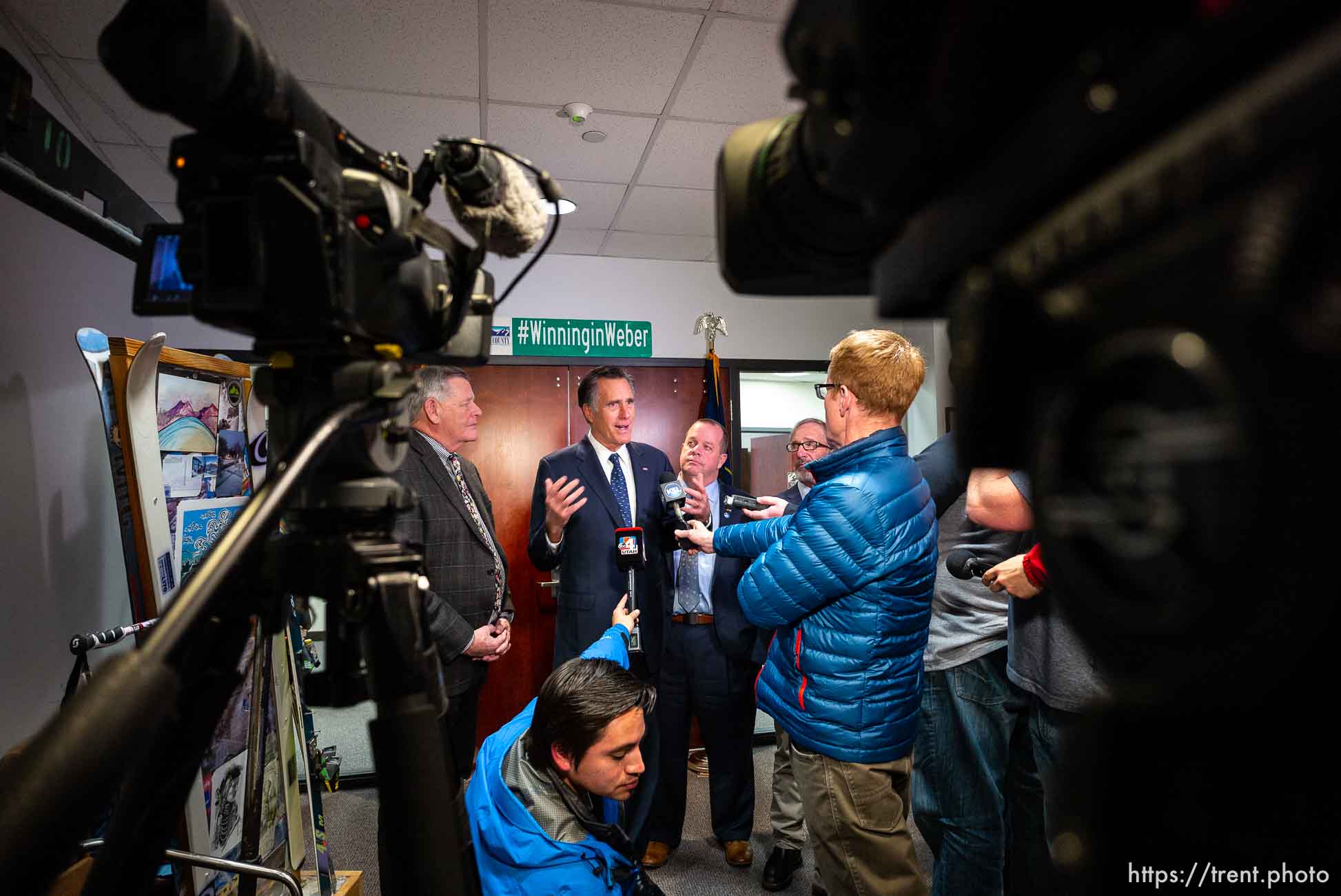 (Trent Nelson | The Salt Lake Tribune)
Senator Mitt Romney answers questions from the media after meeting with Weber County Comissioners in Ogden to discuss the ongoing government shutdown on Friday Jan. 18, 2019.