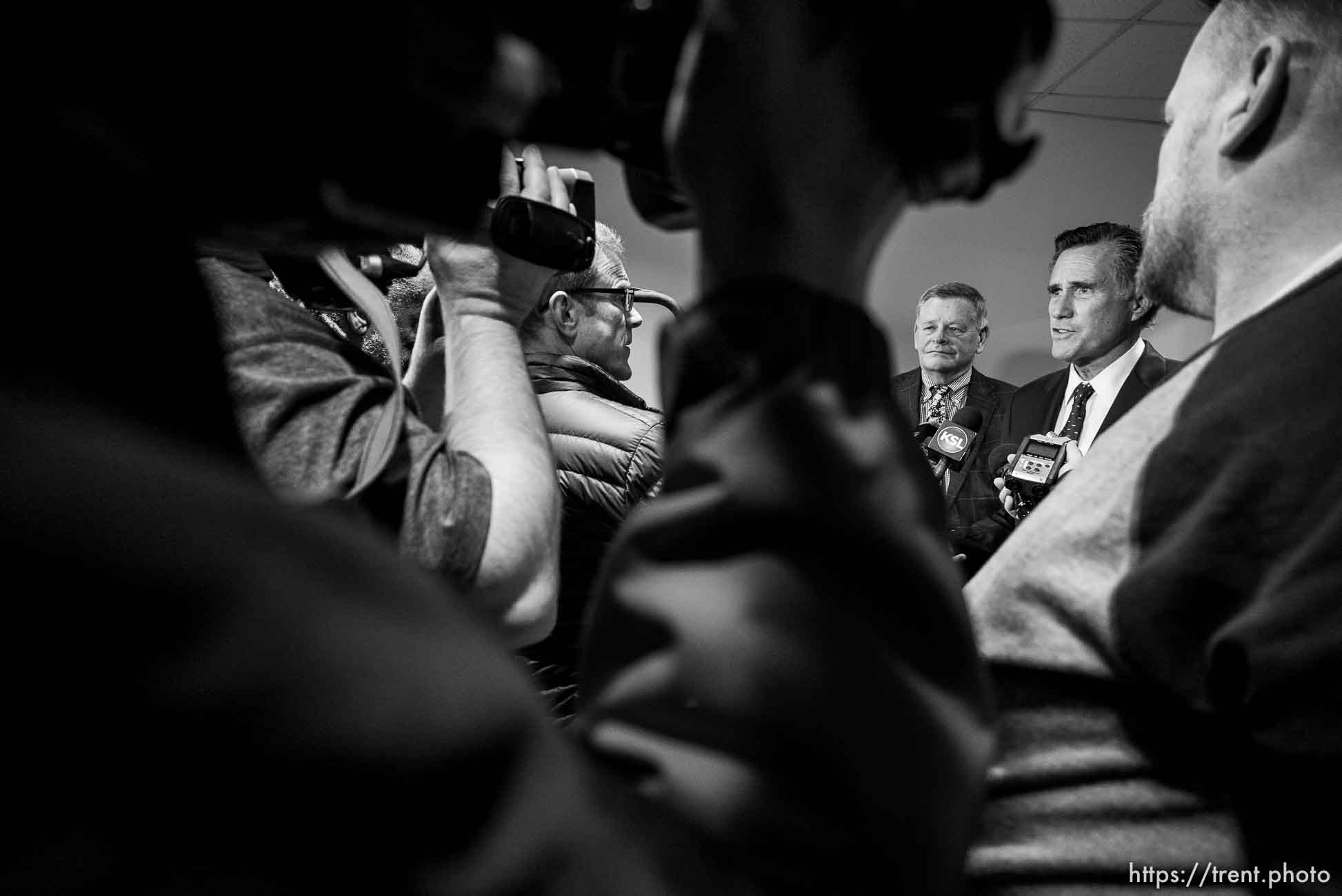 (Trent Nelson | The Salt Lake Tribune)
Senator Mitt Romney meets with Weber County Comissioners in Ogden to discuss the ongoing government shutdown on Friday Jan. 18, 2019. Commissioner Scott Jenkins, Romney.