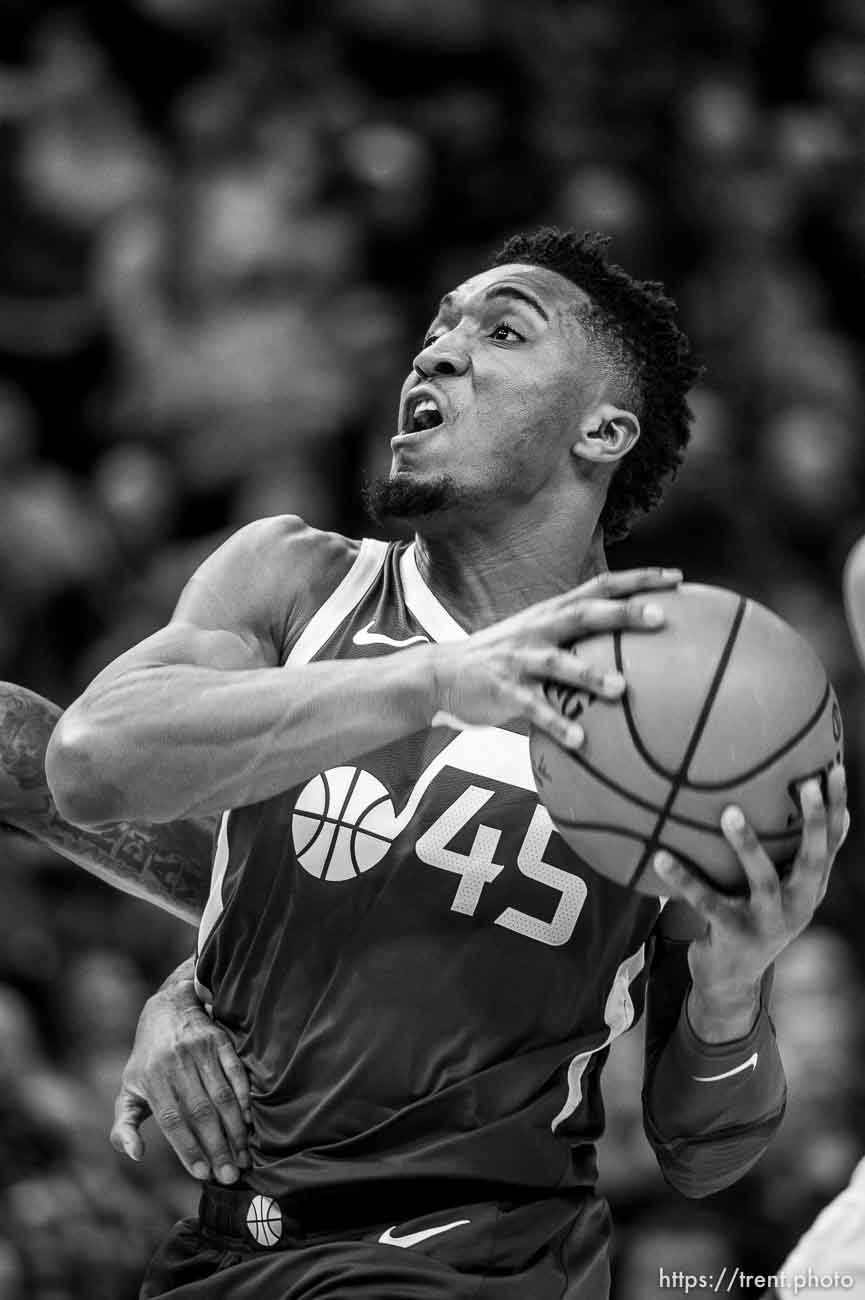 (Trent Nelson | The Salt Lake Tribune)  
Utah Jazz guard Donovan Mitchell (45) drives to the basket as the Utah Jazz host the Denver Nuggets, NBA basketball in Salt Lake City on Wednesday Jan. 23, 2019.