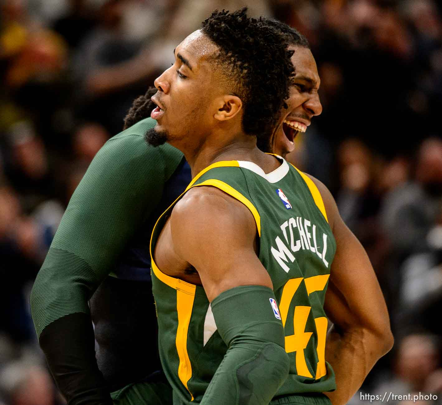 (Trent Nelson | The Salt Lake Tribune)  
Utah Jazz guard Donovan Mitchell (45) and Utah Jazz forward Jae Crowder (99) celebrate as the Utah Jazz host the Denver Nuggets, NBA basketball in Salt Lake City on Wednesday Jan. 23, 2019.