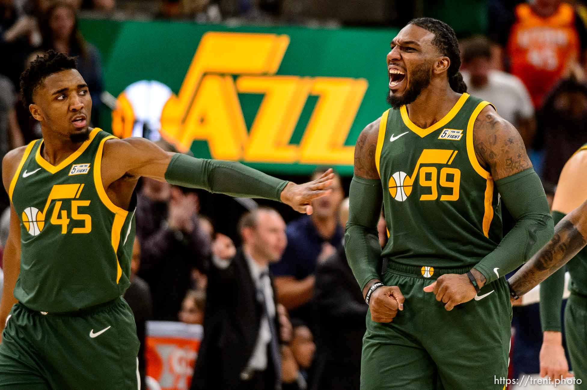 (Trent Nelson | The Salt Lake Tribune)  
Utah Jazz guard Donovan Mitchell (45) and Utah Jazz forward Jae Crowder (99) celebrate as the Utah Jazz host the Denver Nuggets, NBA basketball in Salt Lake City on Wednesday Jan. 23, 2019.