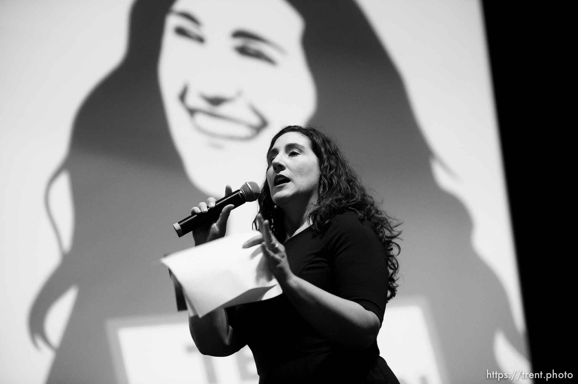 (Trent Nelson | The Salt Lake Tribune)  
Shireen Ghorbani speaks as  members of the Salt Lake County Democratic Party's central committee gather to choose a new county mayor from a field of four candidates at Corner Canyon High School in Draper on  Saturday Jan. 26, 2019.