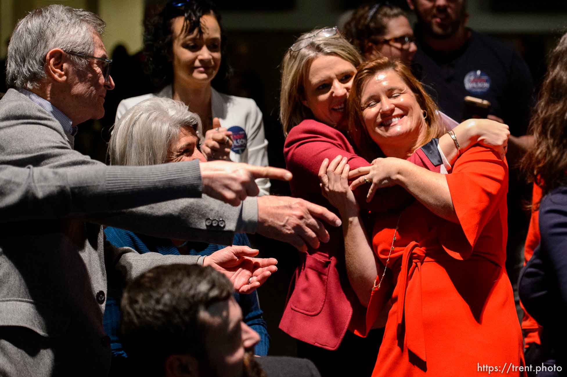 (Trent Nelson | The Salt Lake Tribune)  
Jenny Wilson celebrates her win over Shireen Ghorbani to become the next Salt Lake County mayor, at Corner Canyon High School in Draper on Saturday Jan. 26, 2019.