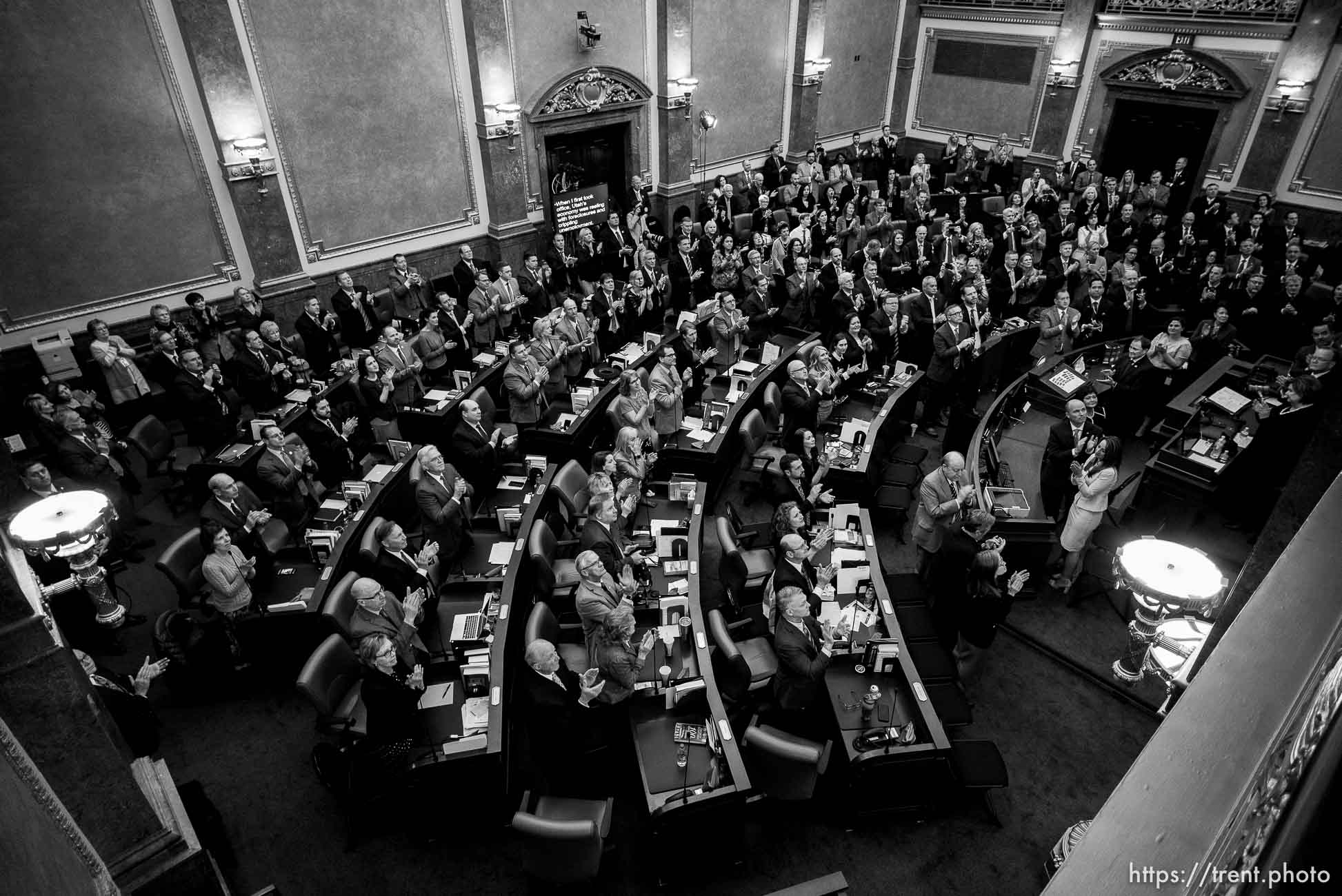 (Trent Nelson | The Salt Lake Tribune)  
A full House Chamber stands and applauds families who lost loved ones in law enforcement, military and public service as Governor Gary Herbert delivers his State of the State address at the Utah Capitol in Salt Lake City on Wednesday Jan. 30, 2019.