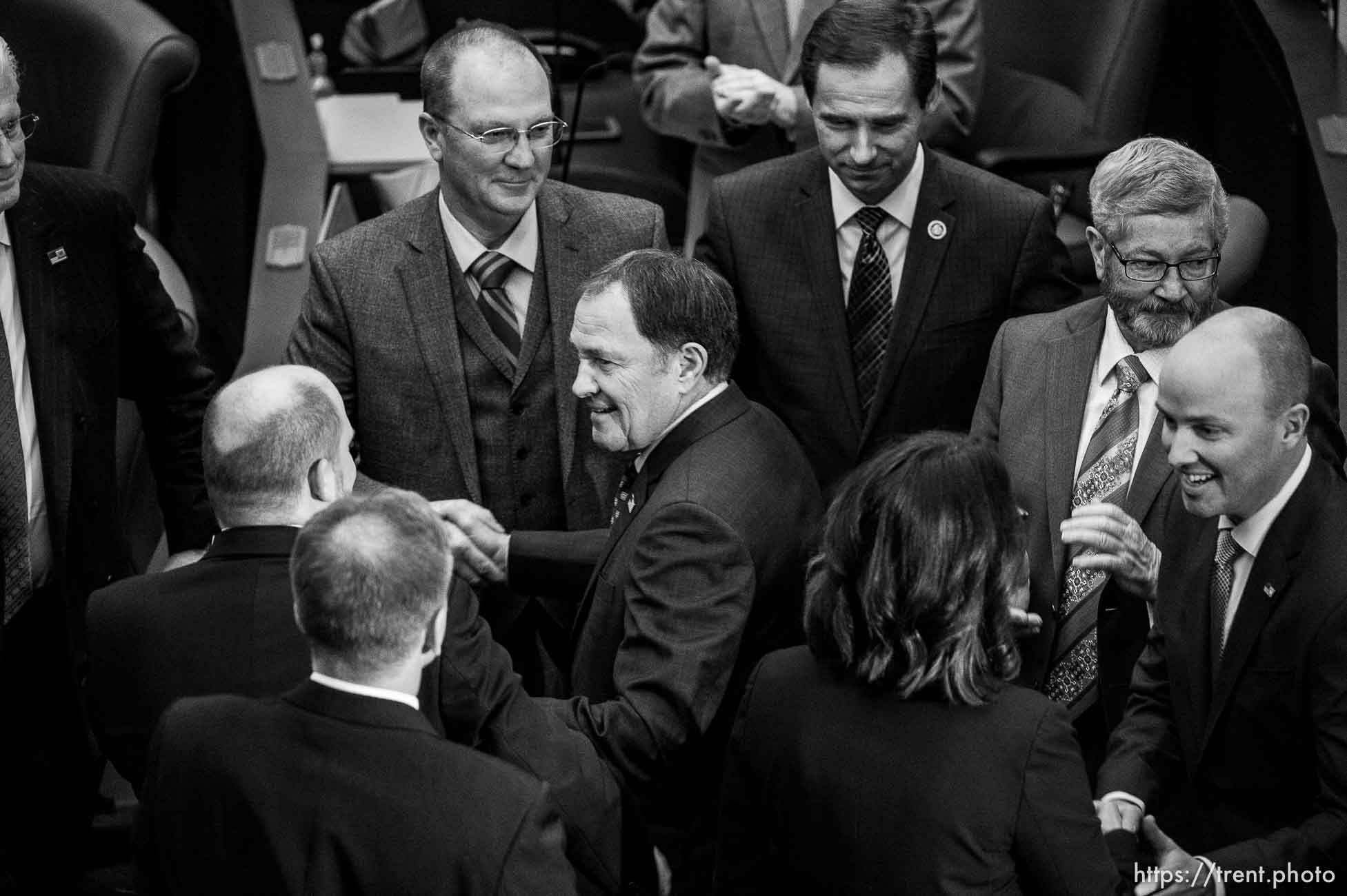 (Trent Nelson | The Salt Lake Tribune)  
Governor Gary Herbert shakes hands with lawmakers before delivering his State of the State address at the Utah Capitol in Salt Lake City on Wednesday Jan. 30, 2019.