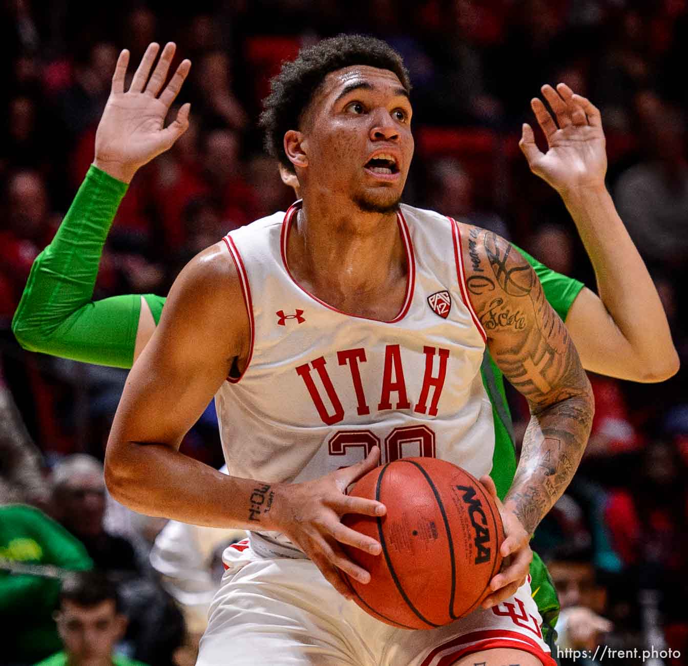 (Trent Nelson | The Salt Lake Tribune)  
Utah Utes forward Timmy Allen (20) looks to shoot as the Utah Utes host the Oregon Ducks, NCAA basketball in Salt Lake City on Thursday Jan. 31, 2019.