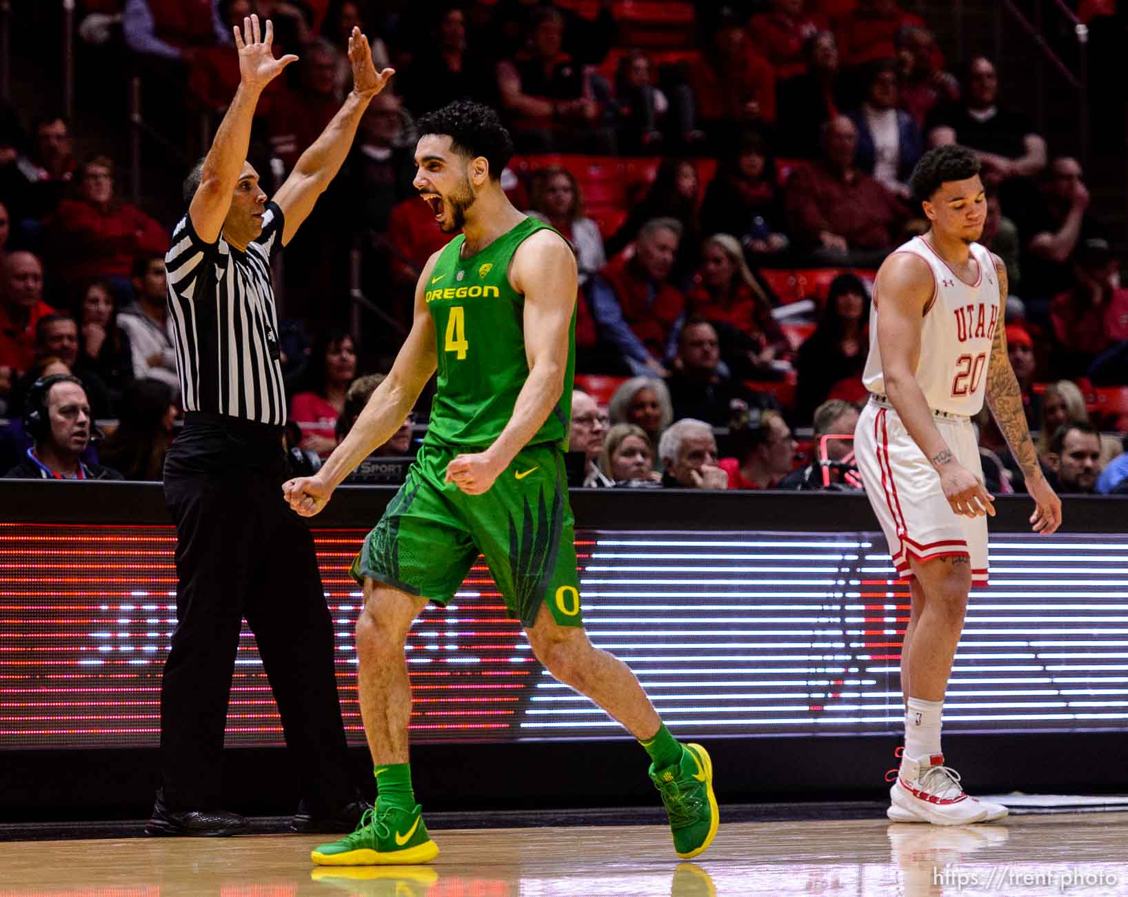 (Trent Nelson | The Salt Lake Tribune)  
Oregon Ducks guard Ehab Amin (4) celebrates a turnover by Utah Utes forward Timmy Allen (20) as the Utah Utes host the Oregon Ducks, NCAA basketball in Salt Lake City on Thursday Jan. 31, 2019.