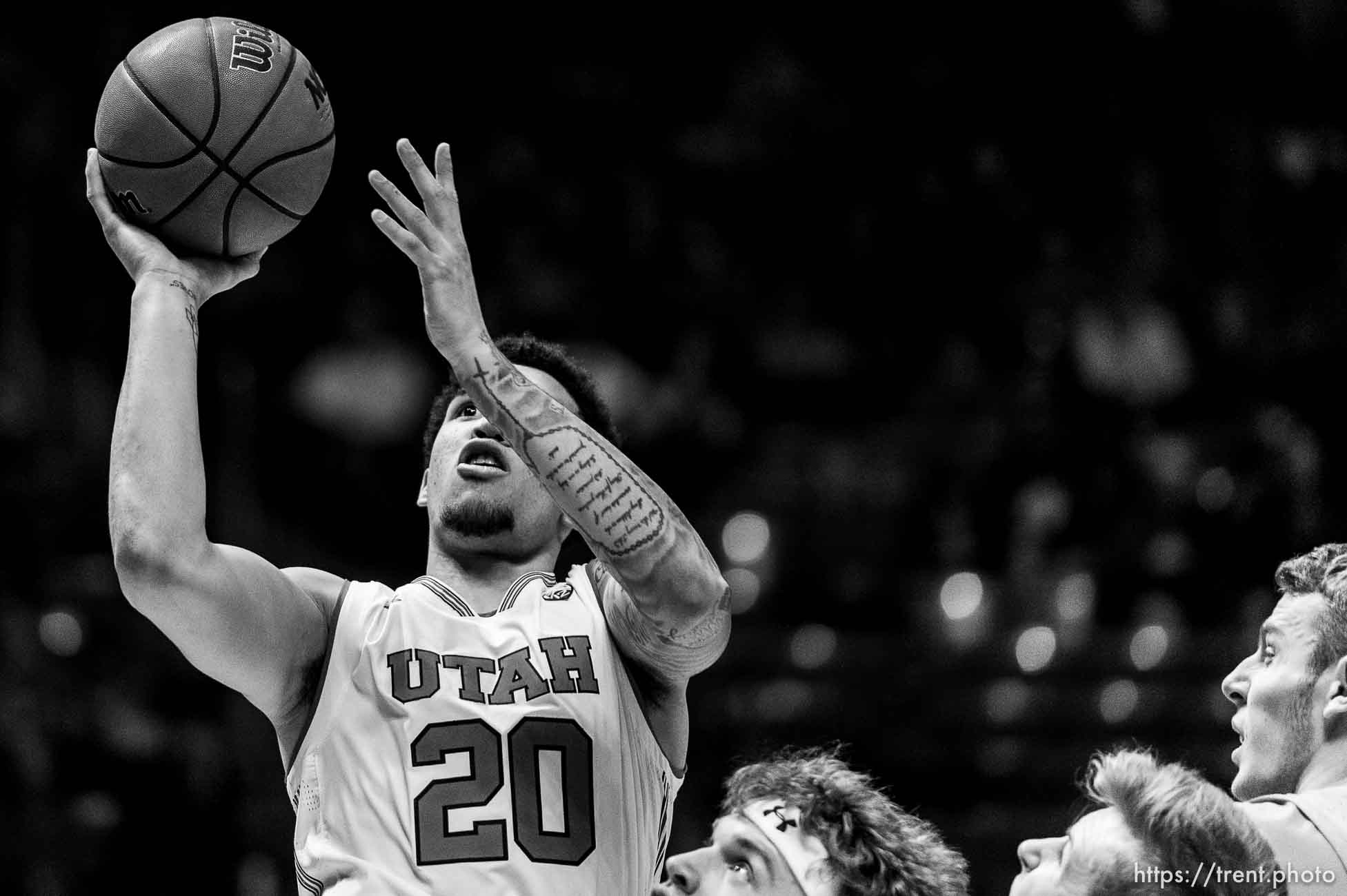 (Trent Nelson | The Salt Lake Tribune)  
Utah Utes forward Timmy Allen (20) shoots as Utah hosts Oregon State, NCAA basketball in Salt Lake City on Saturday Feb. 2, 2019.