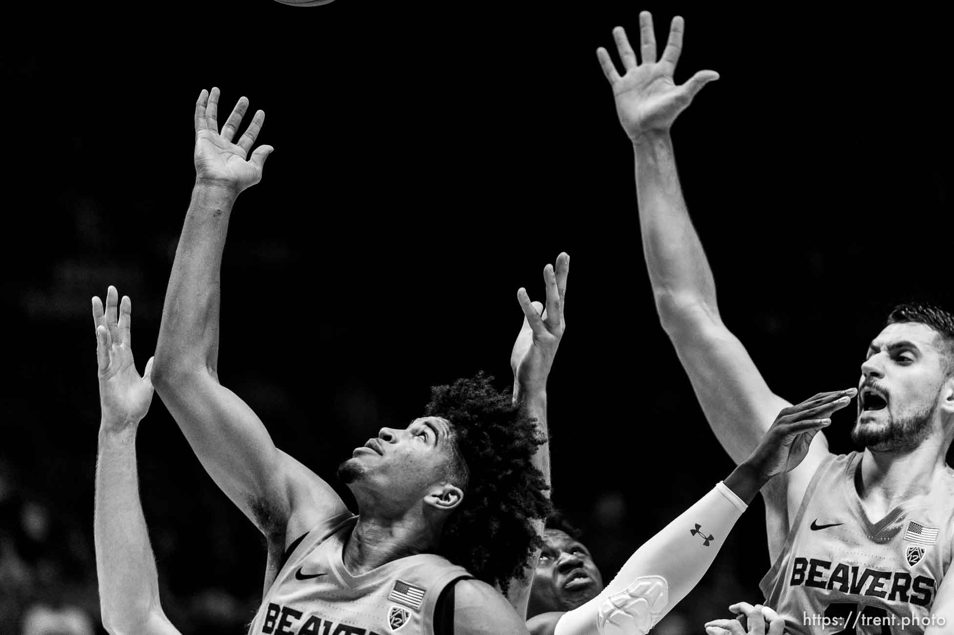 (Trent Nelson | The Salt Lake Tribune)  
Oregon State Beavers guard Ethan Thompson (5), Oregon State Beavers center Gligorije Rakocevic (23) as Utah hosts Oregon State, NCAA basketball in Salt Lake City on Saturday Feb. 2, 2019.