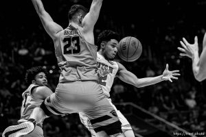 (Trent Nelson | The Salt Lake Tribune)  
Utah Utes guard Sedrick Barefield (2) drives around Oregon State Beavers center Gligorije Rakocevic (23) as Utah hosts Oregon State, NCAA basketball in Salt Lake City on Saturday Feb. 2, 2019. At left is Oregon State Beavers guard Stephen Thompson Jr. (1).