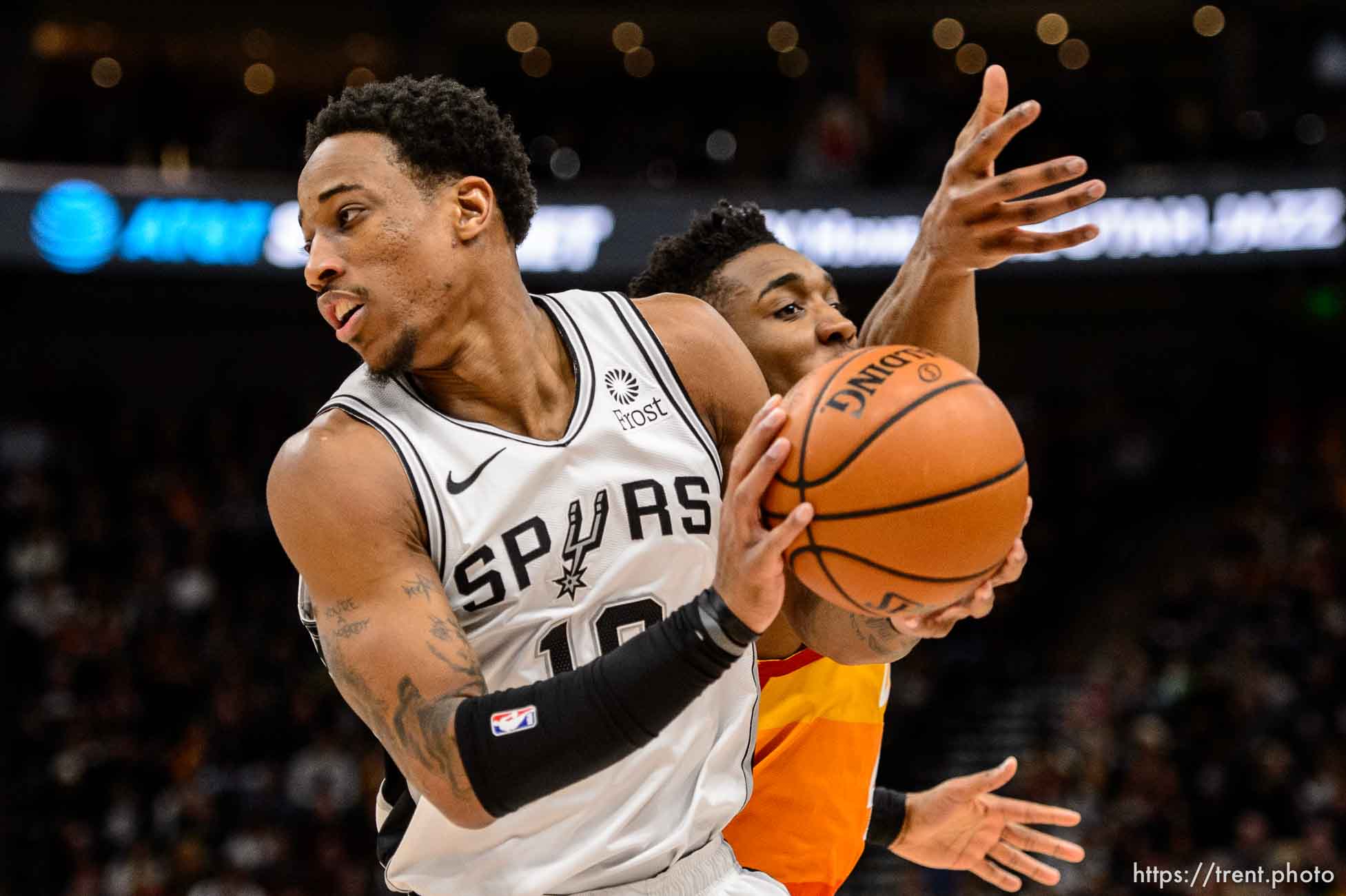 (Trent Nelson | The Salt Lake Tribune)  
Utah Jazz guard Donovan Mitchell (45) goes for the steal but San Antonio Spurs guard DeMar DeRozan (10) holds onto the ball as the Utah Jazz host the San Antonio Spurs, NBA basketball in Salt Lake City on Saturday Feb. 9, 2019.