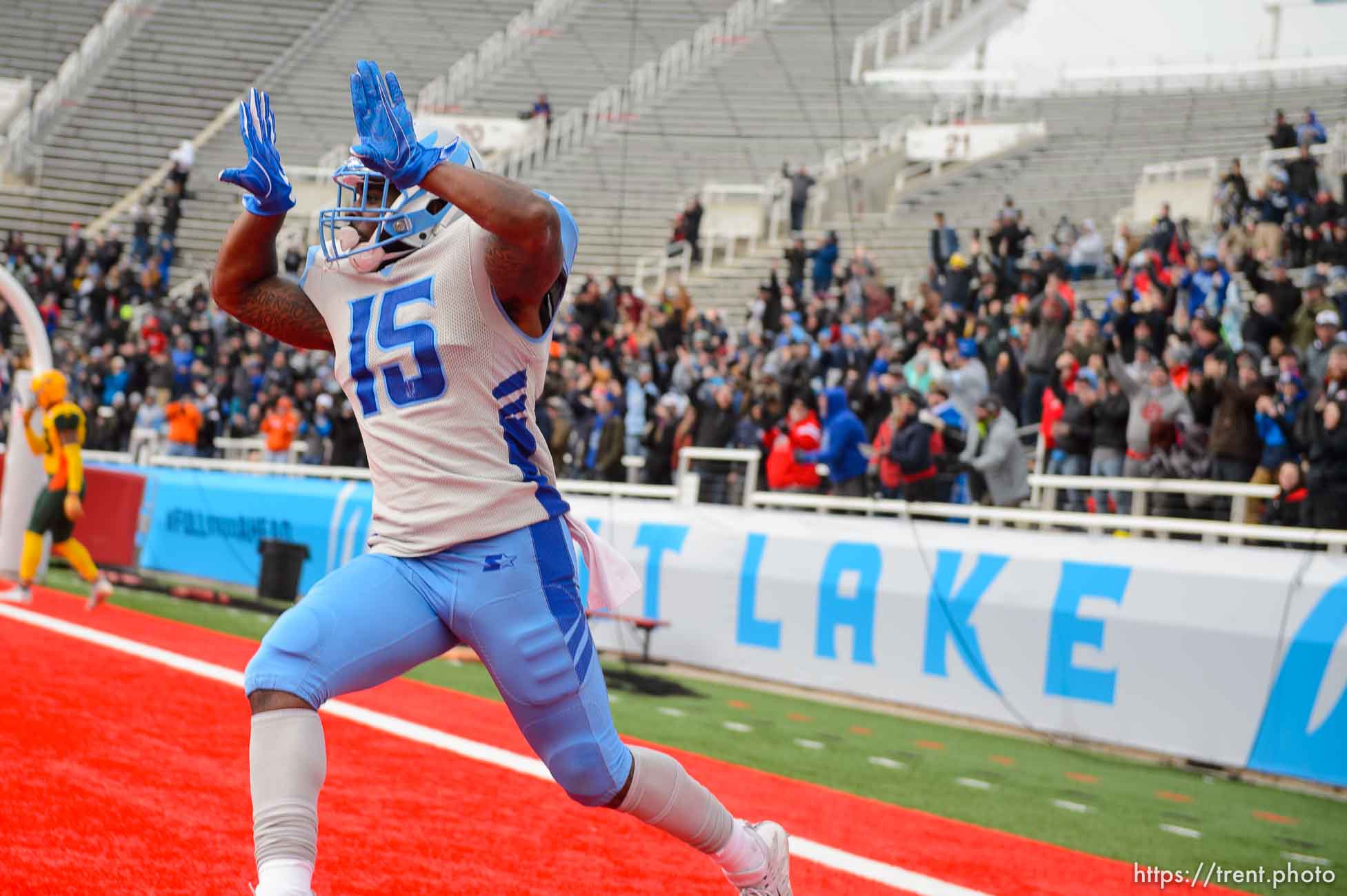 (Trent Nelson | The Salt Lake Tribune)  
Salt Lake's De'Mornay Pierson-El (15) celebrates a touchdown as the Salt Lake Stallions host the Arizona Hotshots, Alliance of American Football in Salt Lake City on Saturday Feb. 23, 2019.