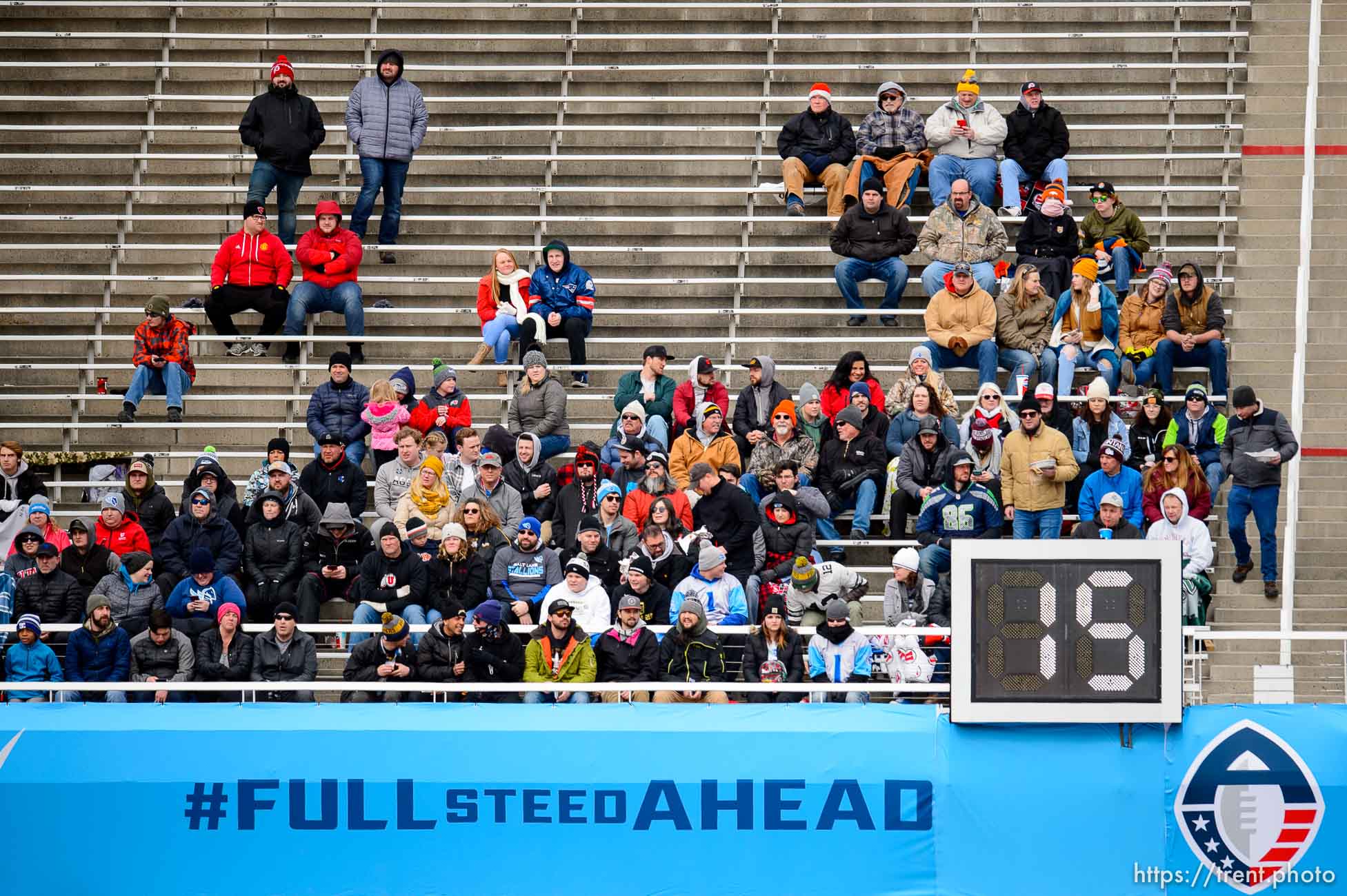 (Trent Nelson | The Salt Lake Tribune)  
Fans as the Salt Lake Stallions host the Arizona Hotshots, Alliance of American Football in Salt Lake City on Saturday Feb. 23, 2019.