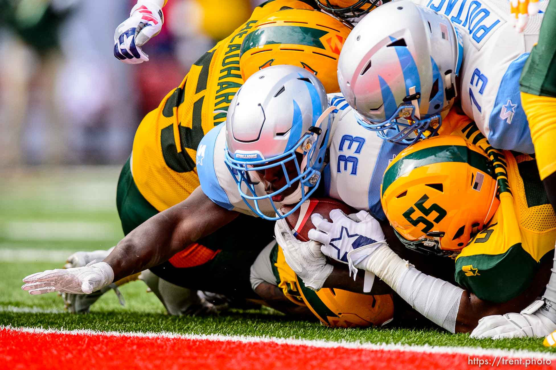 (Trent Nelson | The Salt Lake Tribune)  
Salt Lake's Branden Oliver (33) comes up short of the end zone as the Salt Lake Stallions host the Arizona Hotshots, Alliance of American Football in Salt Lake City on Saturday Feb. 23, 2019.