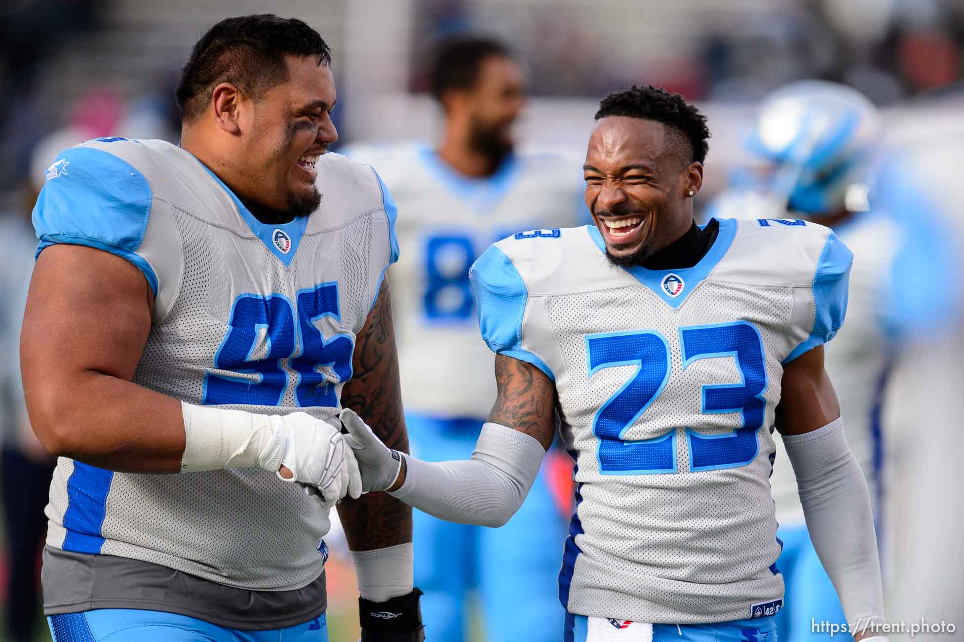 (Trent Nelson | The Salt Lake Tribune)  
Salt Lake's Sealver Siliga (96) , Salt Lake's Steve Williams (23)  as the Salt Lake Stallions host the Arizona Hotshots, Alliance of American Football in Salt Lake City on Saturday Feb. 23, 2019.