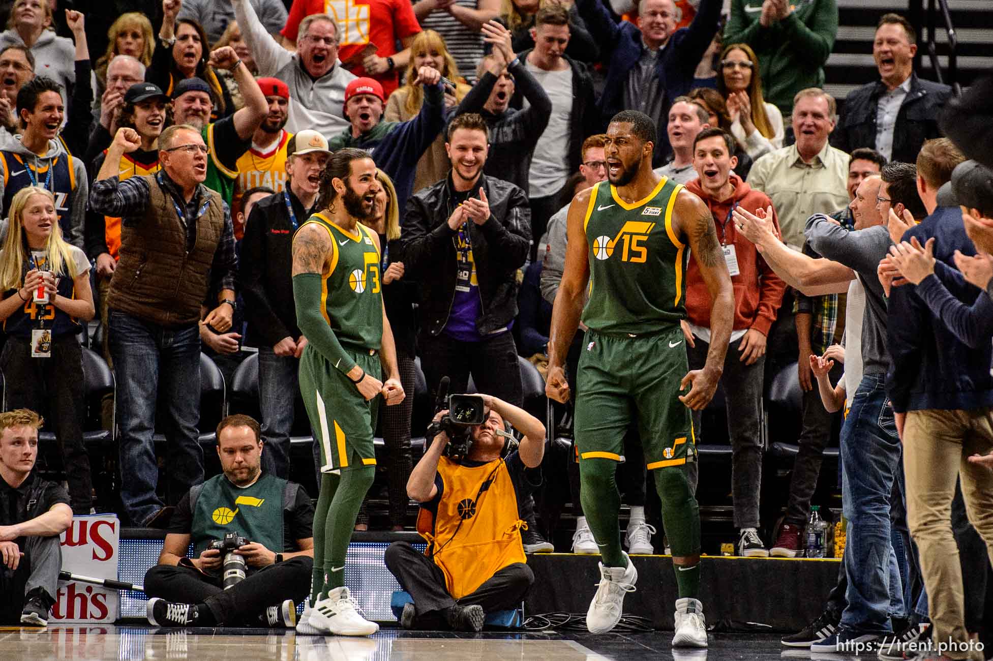 (Trent Nelson | The Salt Lake Tribune)  
Utah Jazz forward Derrick Favors (15) reacts after dunking the ball as the Utah Jazz host the Milwaukee Bucks, NBA basketball in Salt Lake City on Saturday March 2, 2019.