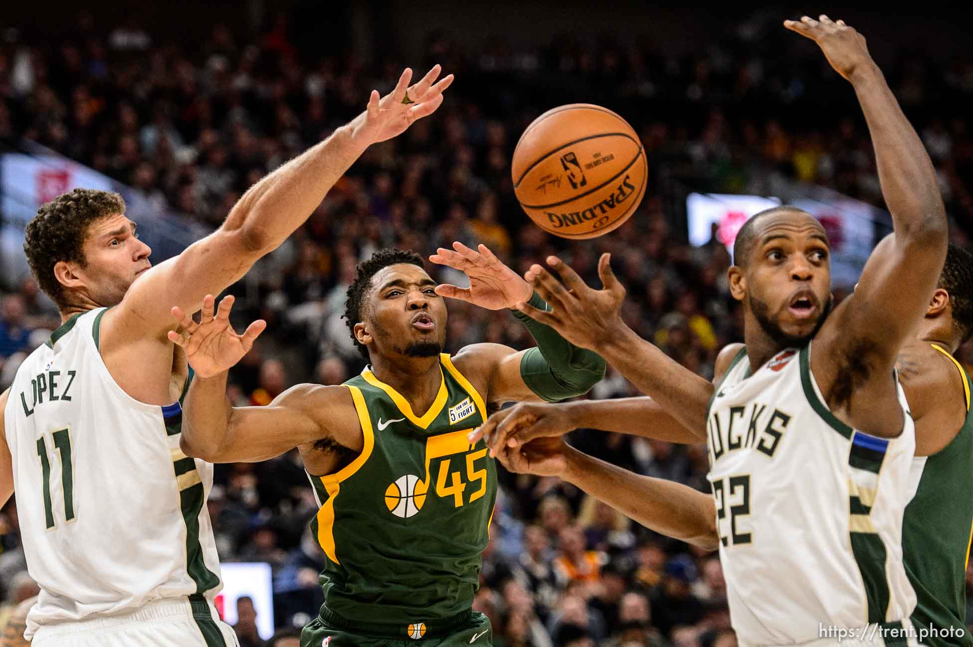 (Trent Nelson | The Salt Lake Tribune)  
Utah Jazz guard Donovan Mitchell (45) passes the ball as the Utah Jazz host the Milwaukee Bucks, NBA basketball in Salt Lake City on Saturday March 2, 2019.