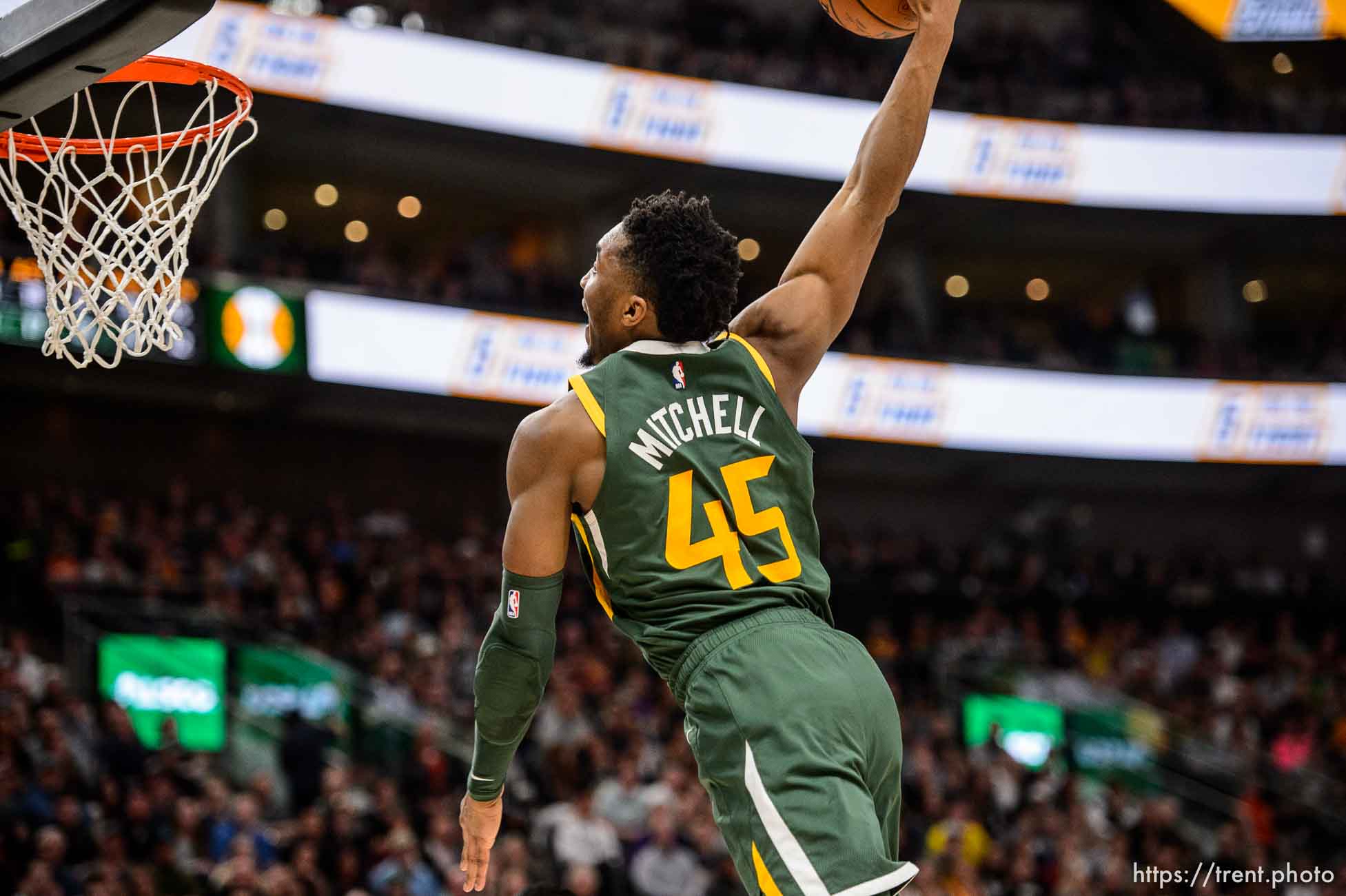 (Trent Nelson | The Salt Lake Tribune)  
Utah Jazz guard Donovan Mitchell (45) as the Utah Jazz host the Milwaukee Bucks, NBA basketball in Salt Lake City on Saturday March 2, 2019.