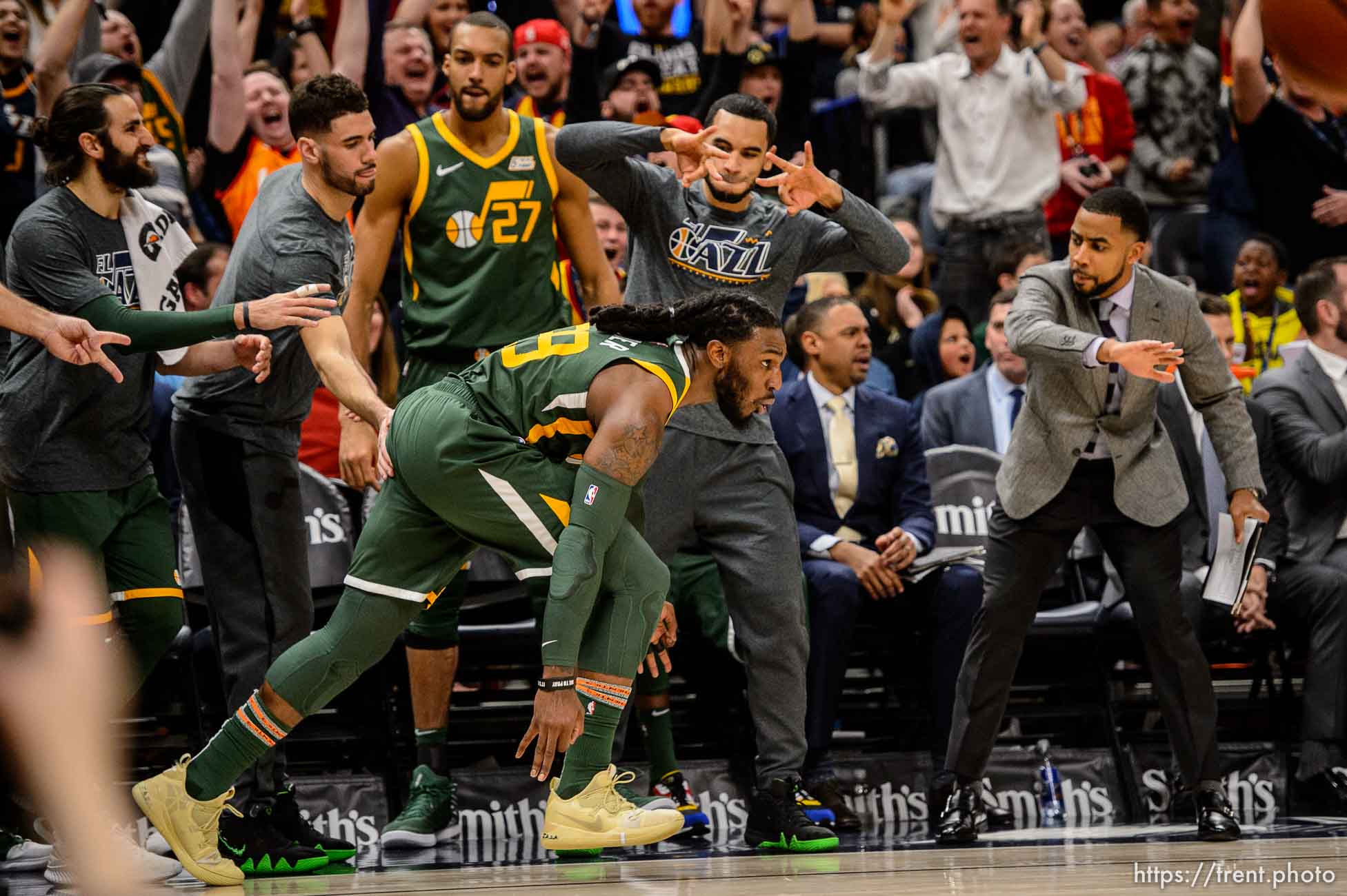 (Trent Nelson | The Salt Lake Tribune)  
Utah Jazz forward Jae Crowder (99) hits a three-pointer as the Utah Jazz host the Milwaukee Bucks, NBA basketball in Salt Lake City on Saturday March 2, 2019.