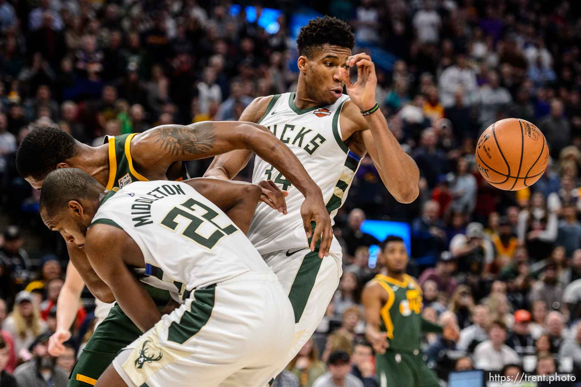 (Trent Nelson | The Salt Lake Tribune)  
Milwaukee Bucks forward Giannis Antetokounmpo (34) as the Utah Jazz host the Milwaukee Bucks, NBA basketball in Salt Lake City on Saturday March 2, 2019.