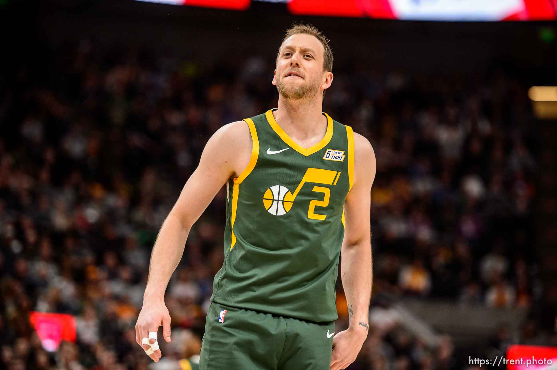 (Trent Nelson | The Salt Lake Tribune)  
Utah Jazz forward Joe Ingles (2) complains to officials early in the first quarter as the Utah Jazz host the Milwaukee Bucks, NBA basketball in Salt Lake City on Saturday March 2, 2019.