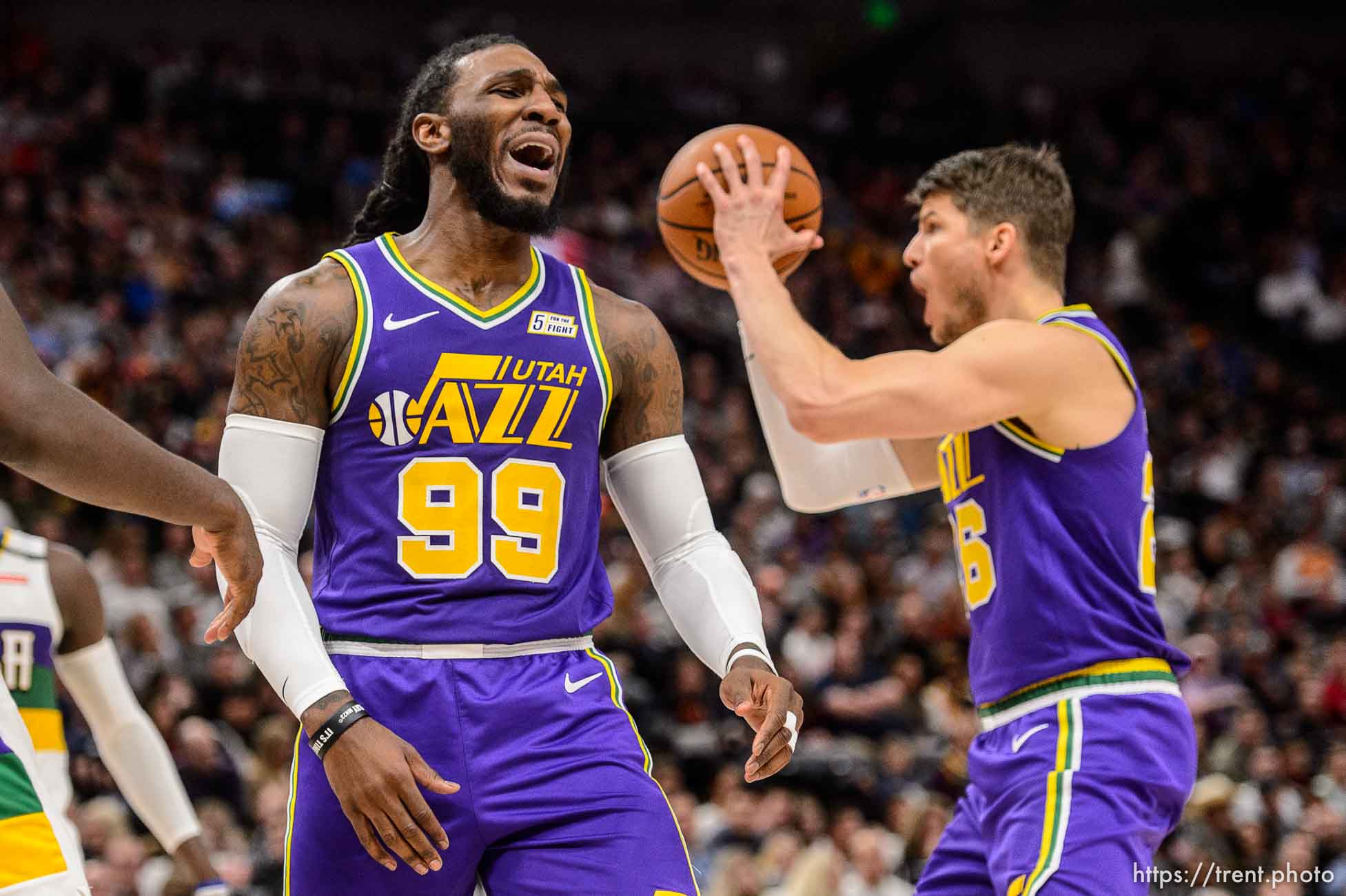 (Trent Nelson | The Salt Lake Tribune)  
Utah Jazz forward Jae Crowder (99) and Utah Jazz guard Kyle Korver (26) react to a call as the Utah Jazz host the New Orleans Pelicans, NBA basketball in Salt Lake City on Monday March 4, 2019.