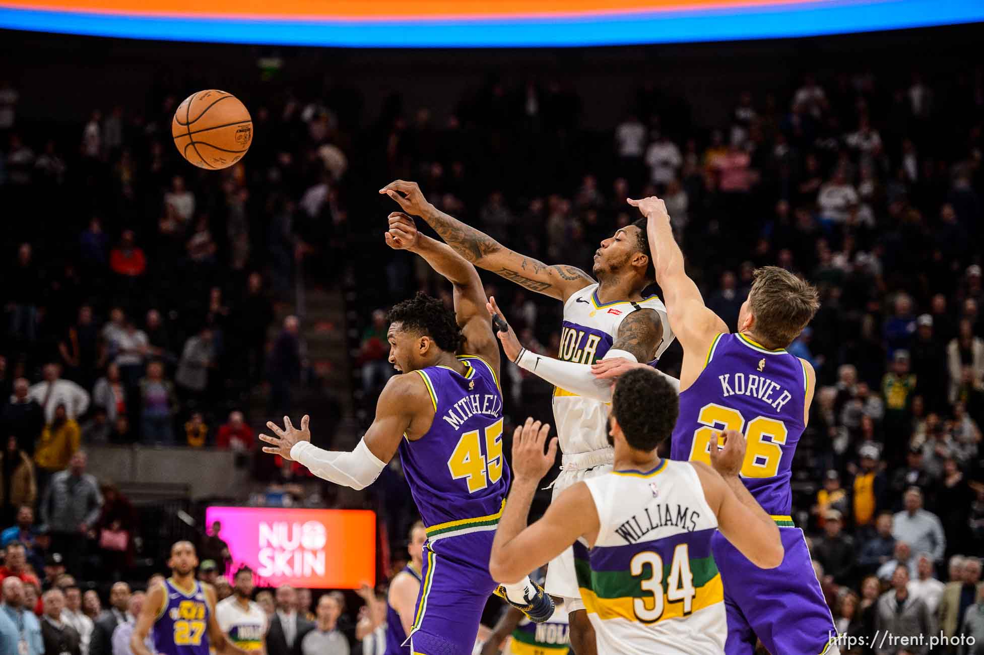 (Trent Nelson | The Salt Lake Tribune)  
end of the game hail mary - Utah Jazz guard Donovan Mitchell (45) as the Utah Jazz host the New Orleans Pelicans, NBA basketball in Salt Lake City on Monday March 4, 2019.