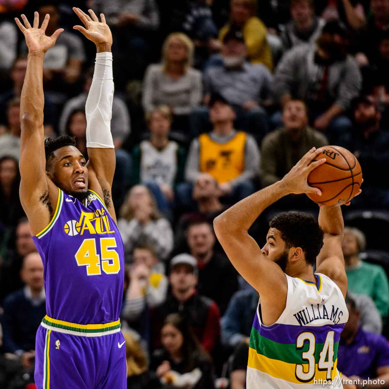 (Trent Nelson | The Salt Lake Tribune)  
Utah Jazz guard Donovan Mitchell (45) defending New Orleans Pelicans guard Kenrich Williams (34) as the Utah Jazz host the New Orleans Pelicans, NBA basketball in Salt Lake City on Monday March 4, 2019.