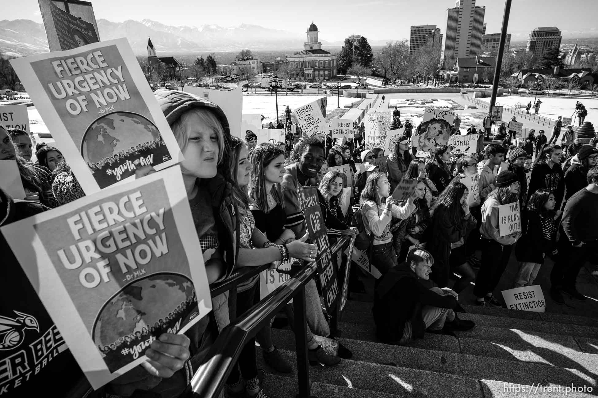 (Trent Nelson | The Salt Lake Tribune)  
Students gather to call for action on climate change at the Utah Capitol in Salt Lake City on Friday March 15, 2019.