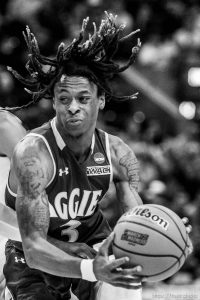 (Trent Nelson | The Salt Lake Tribune)  
New Mexico State Aggies guard Terrell Brown (3) as Auburn faces New Mexico State in the 2019 NCAA Tournament in Salt Lake City on Thursday March 21, 2019.