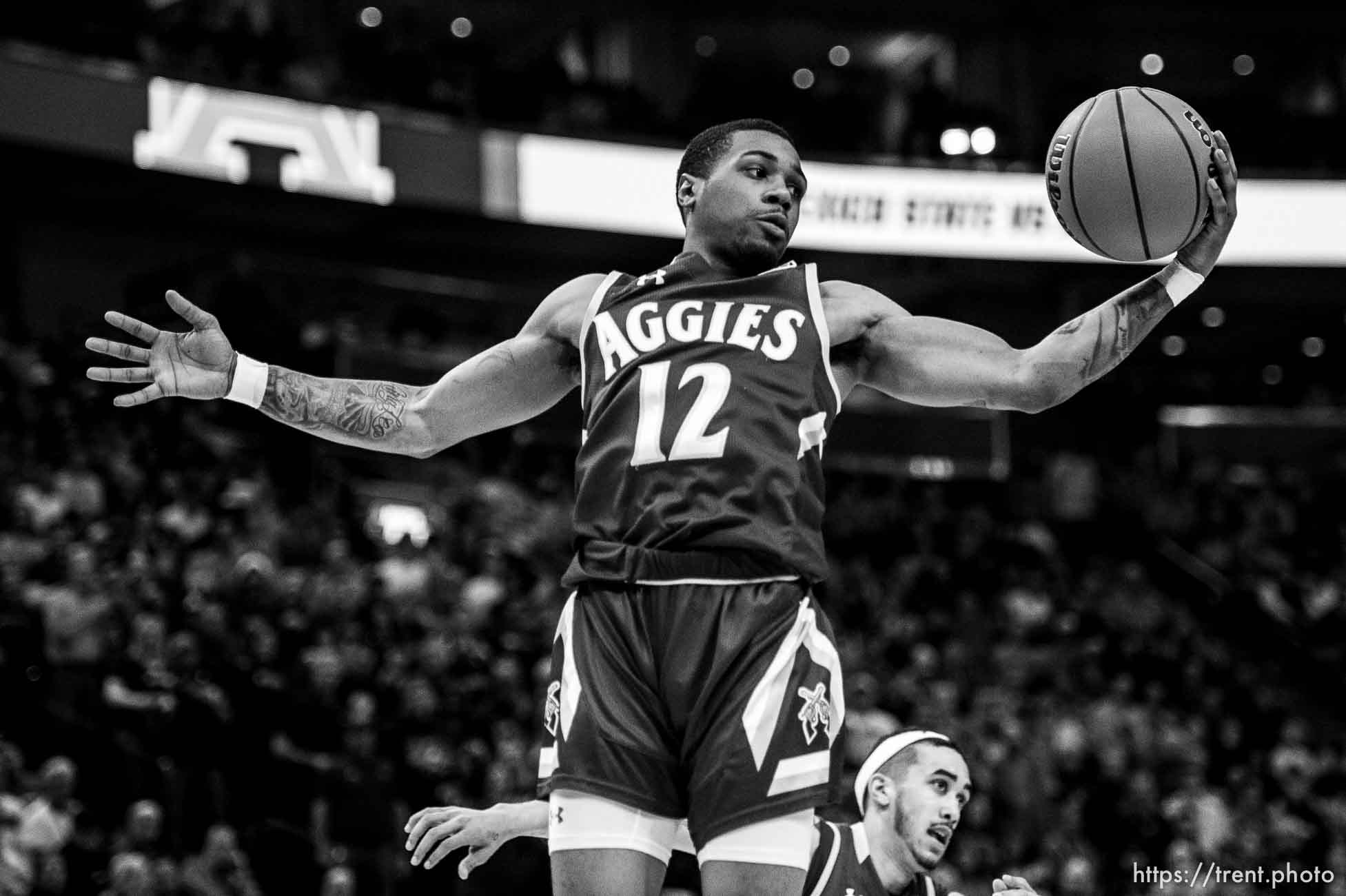 (Trent Nelson | The Salt Lake Tribune)  
New Mexico State Aggies guard AJ Harris (12) as Auburn faces New Mexico State in the 2019 NCAA Tournament in Salt Lake City on Thursday March 21, 2019.