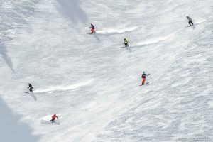 (Trent Nelson  |  The Salt Lake Tribune)  
Skiers at Snowbird on Thursday April 4, 2019.