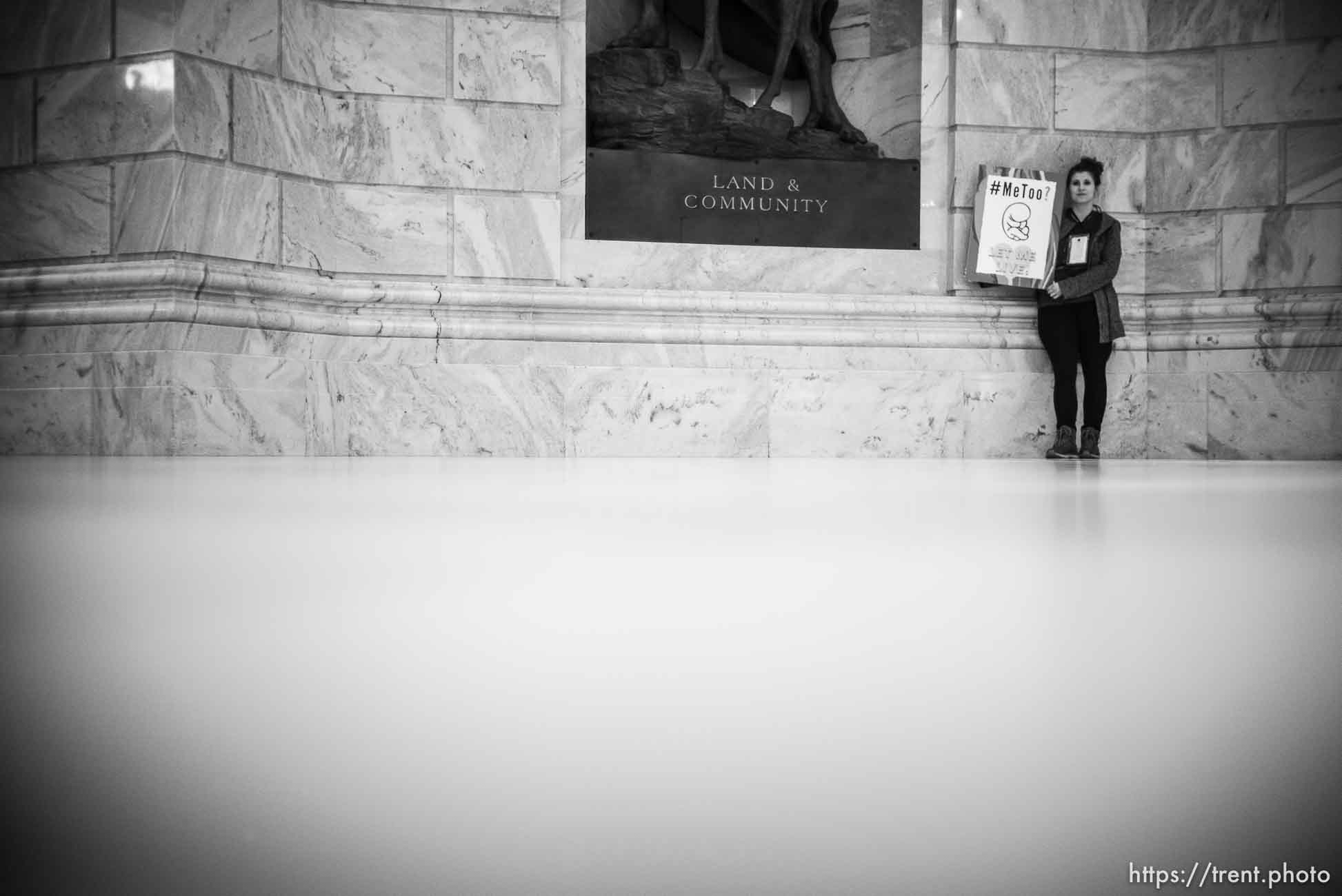 (Trent Nelson  |  The Salt Lake Tribune)  
Krista Noyes, pro-life, holds a sign as Planned Parenthood Association of Utah and the ACLU of Utah hold a news conference on Utah's pending 18-week abortion ban, at the Utah Capitol in Salt Lake City on Wednesday April 10, 2019.