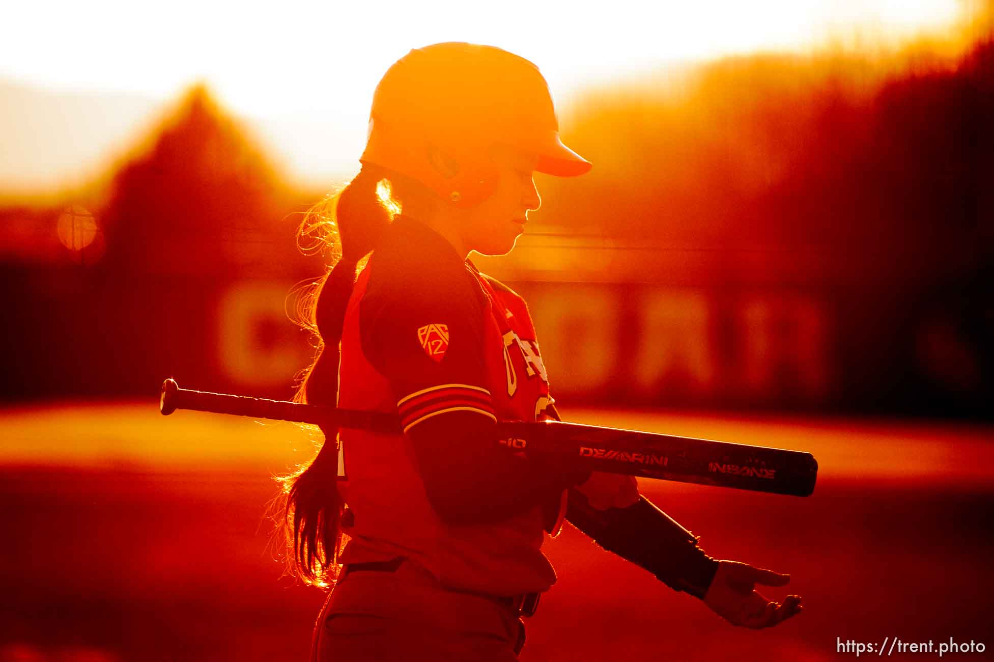 (Trent Nelson  |  The Salt Lake Tribune)  
The setting sun flares the lens as Utah's Ally Dickman walks to the dugout. BYU hosts the University of Utah, NCAA softball in Provo on Wednesday May 1, 2019.