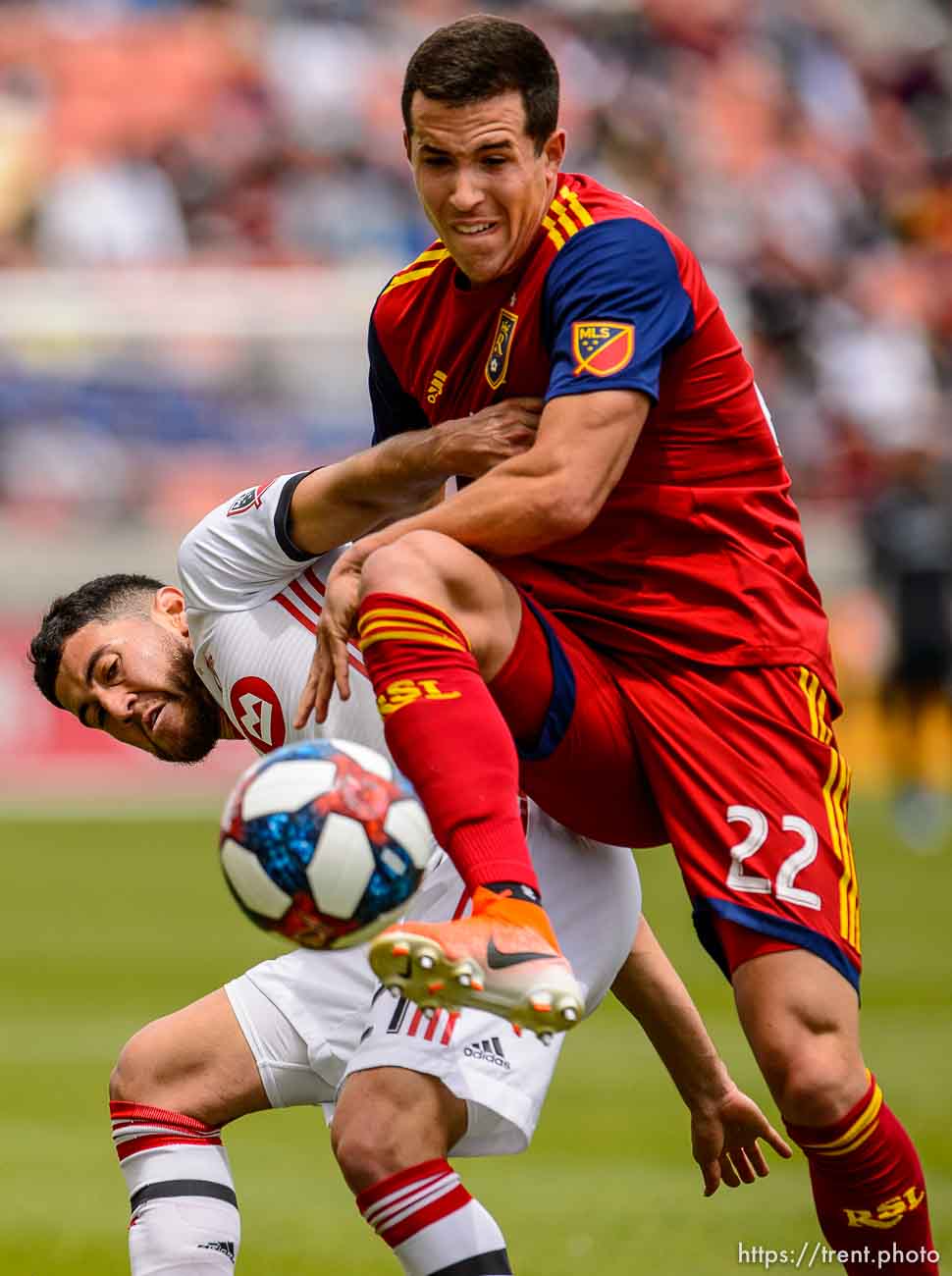 (Trent Nelson  |  The Salt Lake Tribune)  
Real Salt Lake defender Aaron Herrera (22) and Toronto FC midfielder Jonathan Osorio (21) fight for the ball as Real Salt Lake hosts Toronto FC, MLS Soccer at Rio Tinto Stadium in Sandy on Saturday May 18, 2019.