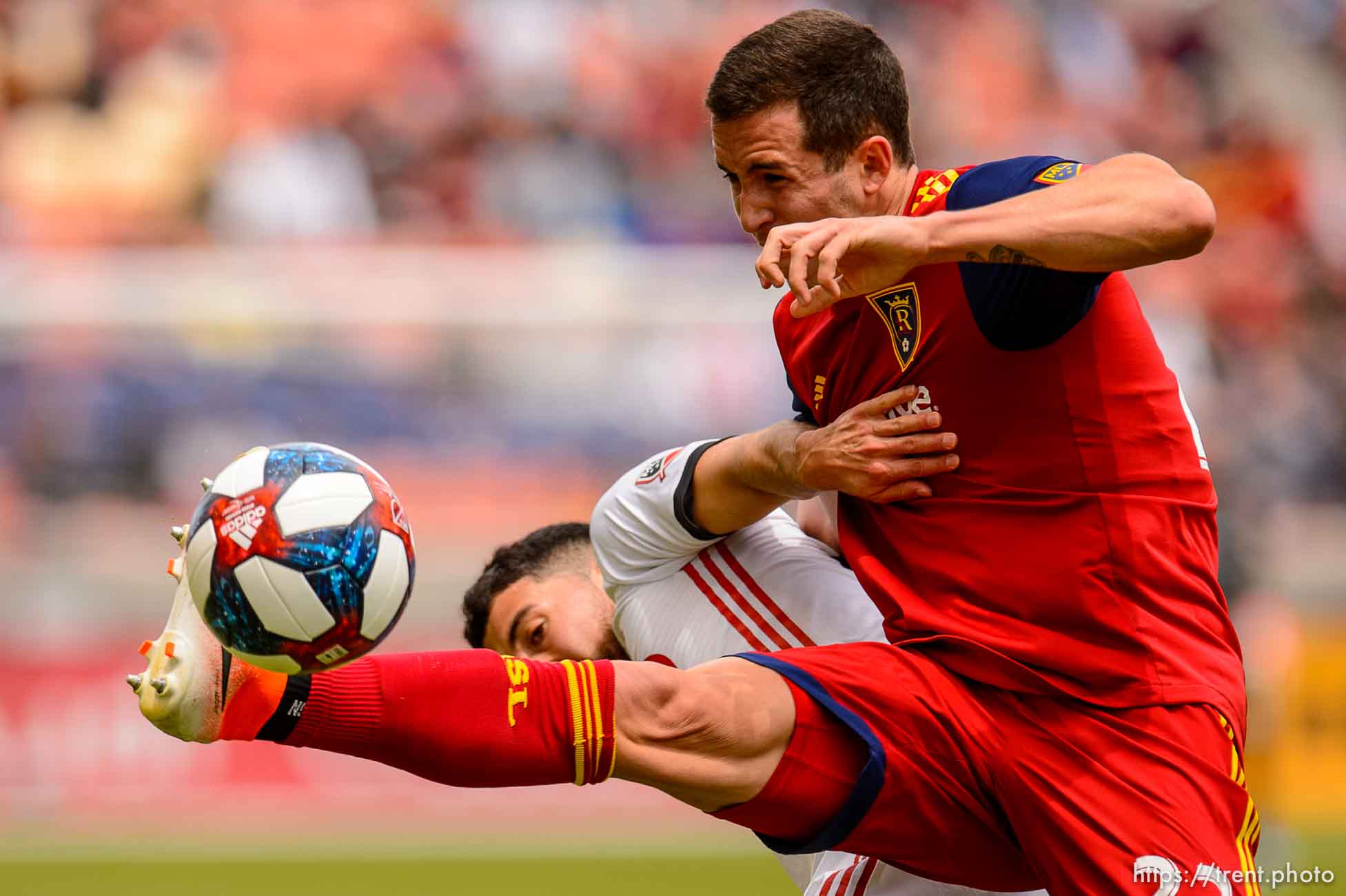 (Trent Nelson  |  The Salt Lake Tribune)  
Real Salt Lake defender Aaron Herrera (22) and Toronto FC midfielder Jonathan Osorio (21) as Real Salt Lake hosts Toronto FC, MLS Soccer at Rio Tinto Stadium in Sandy on Saturday May 18, 2019.