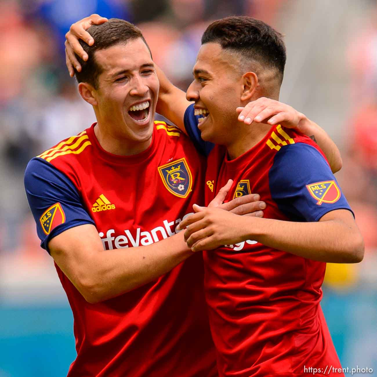 (Trent Nelson  |  The Salt Lake Tribune)  
Real Salt Lake midfielder Sebastian Saucedo (23, right) celebrates his first half goal with Real Salt Lake defender Aaron Herrera (22) as Real Salt Lake hosts Toronto FC, MLS Soccer at Rio Tinto Stadium in Sandy on Saturday May 18, 2019.