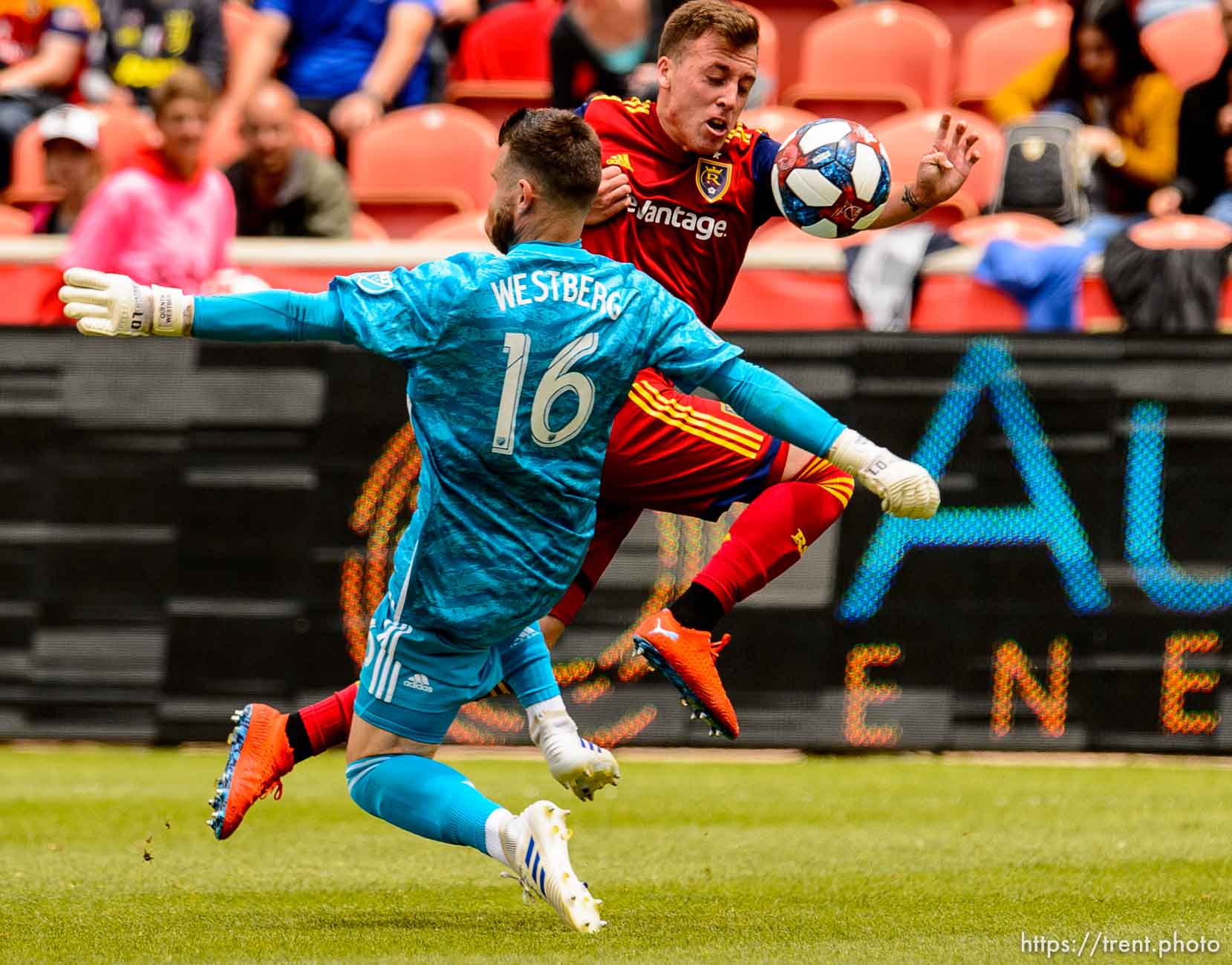 (Trent Nelson  |  The Salt Lake Tribune)  
Real Salt Lake forward Corey Baird (17) pushes the ball past Toronto FC goalkeeper Quentin Westberg (16) as Real Salt Lake hosts Toronto FC, MLS Soccer at Rio Tinto Stadium in Sandy on Saturday May 18, 2019.