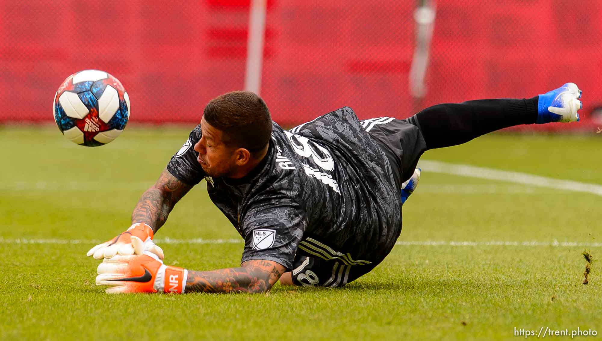 (Trent Nelson  |  The Salt Lake Tribune)  
Real Salt Lake goalkeeper Nick Rimando (18) makes a save as Real Salt Lake hosts Toronto FC, MLS Soccer at Rio Tinto Stadium in Sandy on Saturday May 18, 2019.