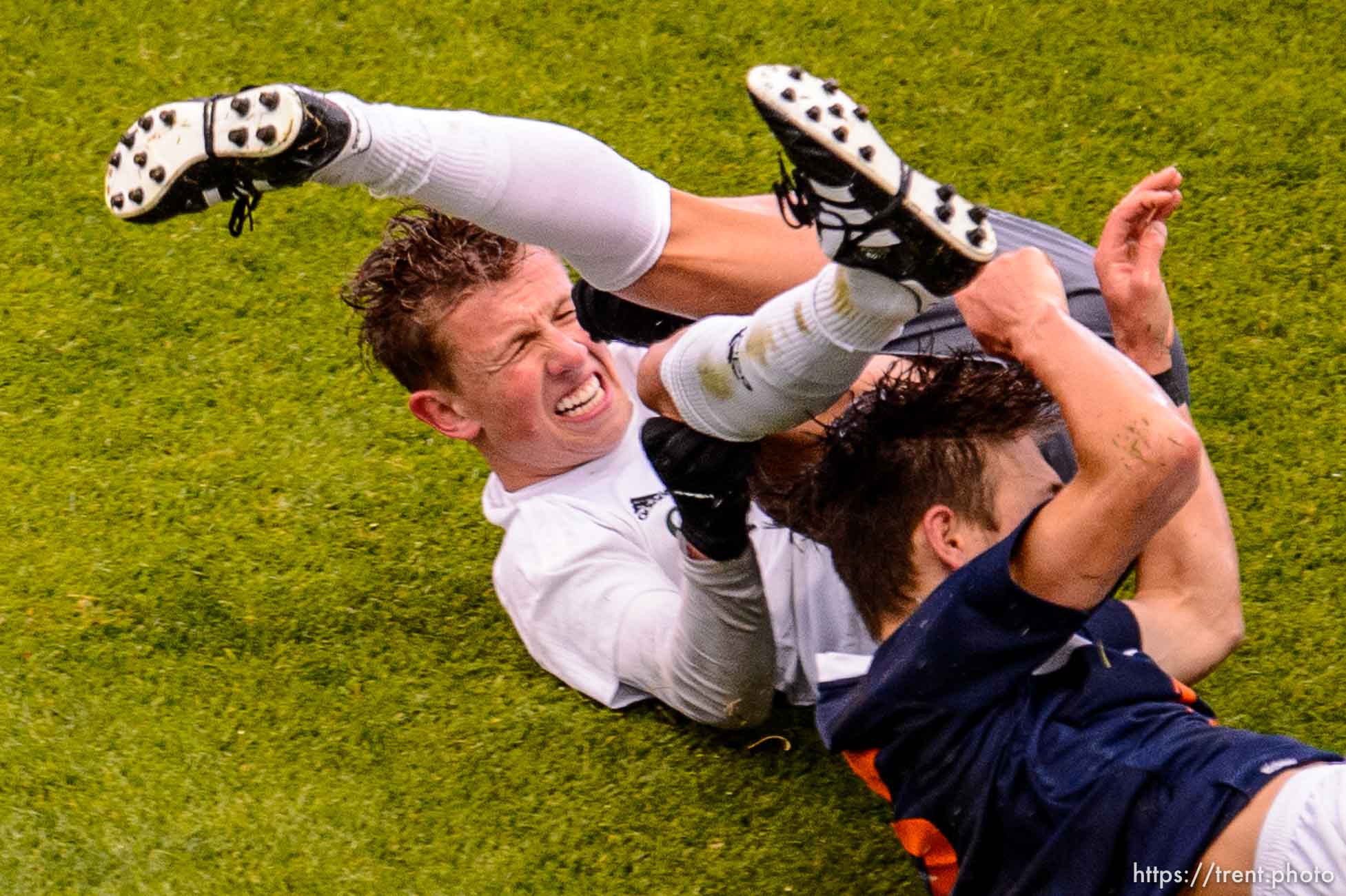 (Trent Nelson  |  The Salt Lake Tribune)  
Olympus's Adam Naylor (10) and Brighton's Chandler Turpin (13) as Brighton defeats Olympus High School 3-2 in overtime in the 5A boys state championship game at Rio Tinto Stadium in Sandy, Thursday May 23, 2019.