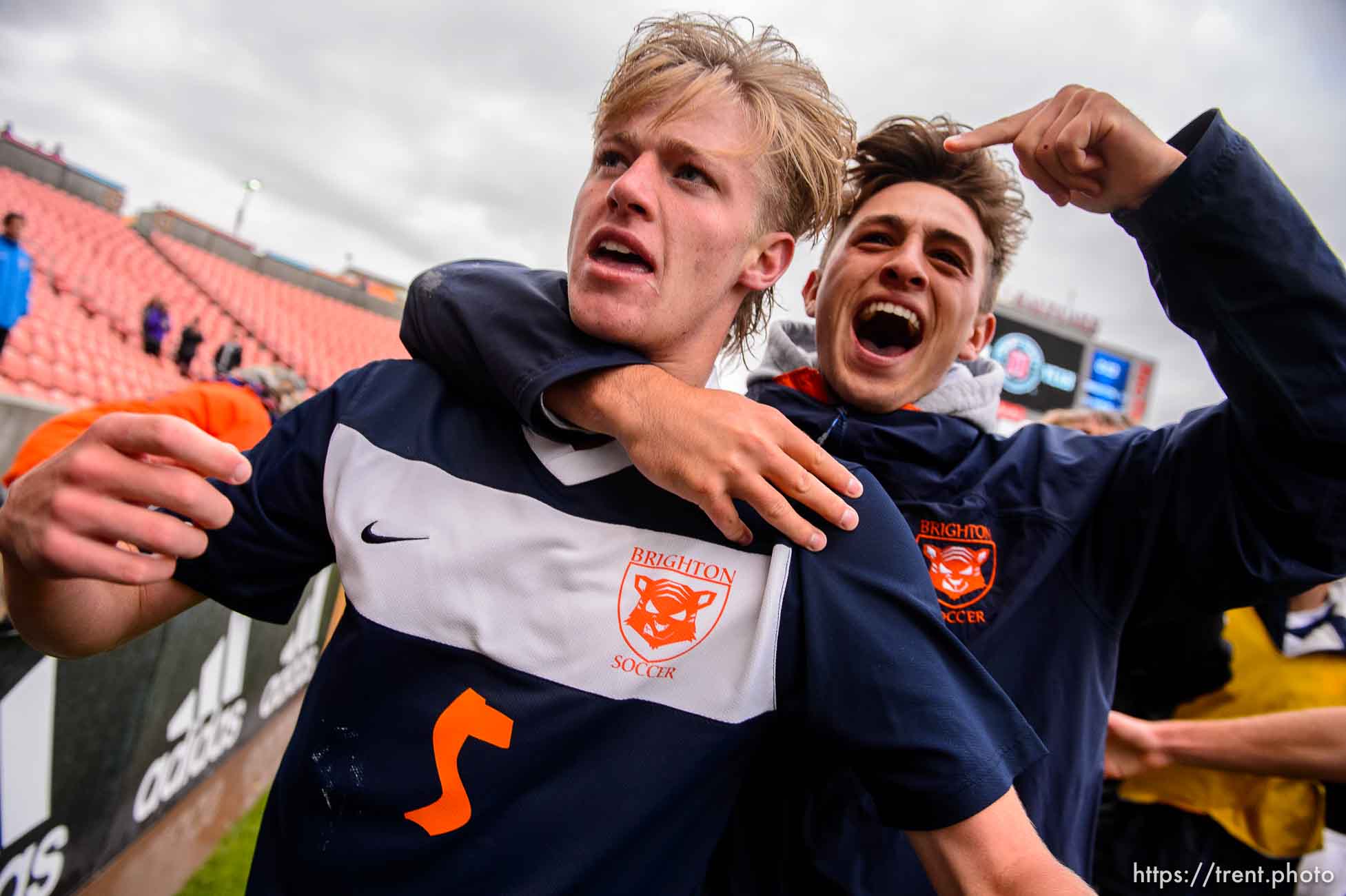 (Trent Nelson  |  The Salt Lake Tribune)  
Brighton players celebrate after defeating Olympus High School 3-2 in overtime in the 5A boys state championship game at Rio Tinto Stadium in Sandy, Thursday May 23, 2019. At left is Brighton's Braxton Jones (5).